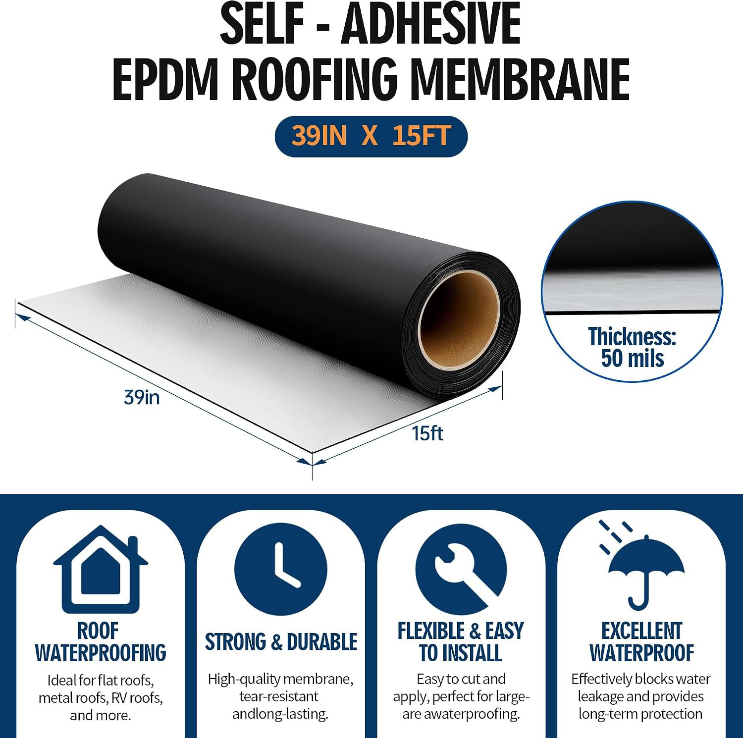 51 Mil Self-Adhesive EPDM Rubber Roofing Rolls, 39″ X 16Ft Rubber Roofing Membra