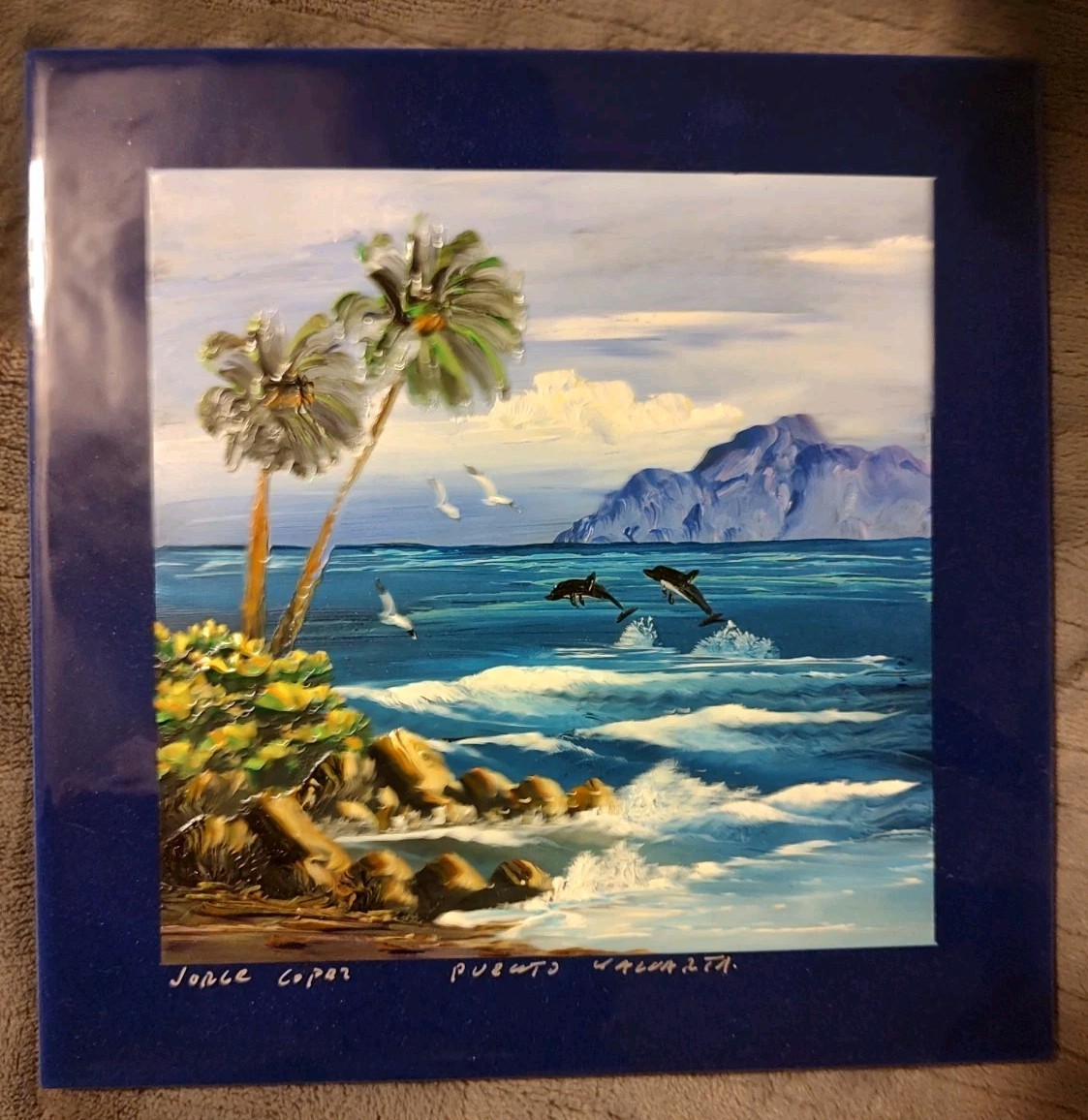 2 Signed art Tiles w/Beach Painting 11 3/4″ x 8″ and 8″ square by Jorge Coper