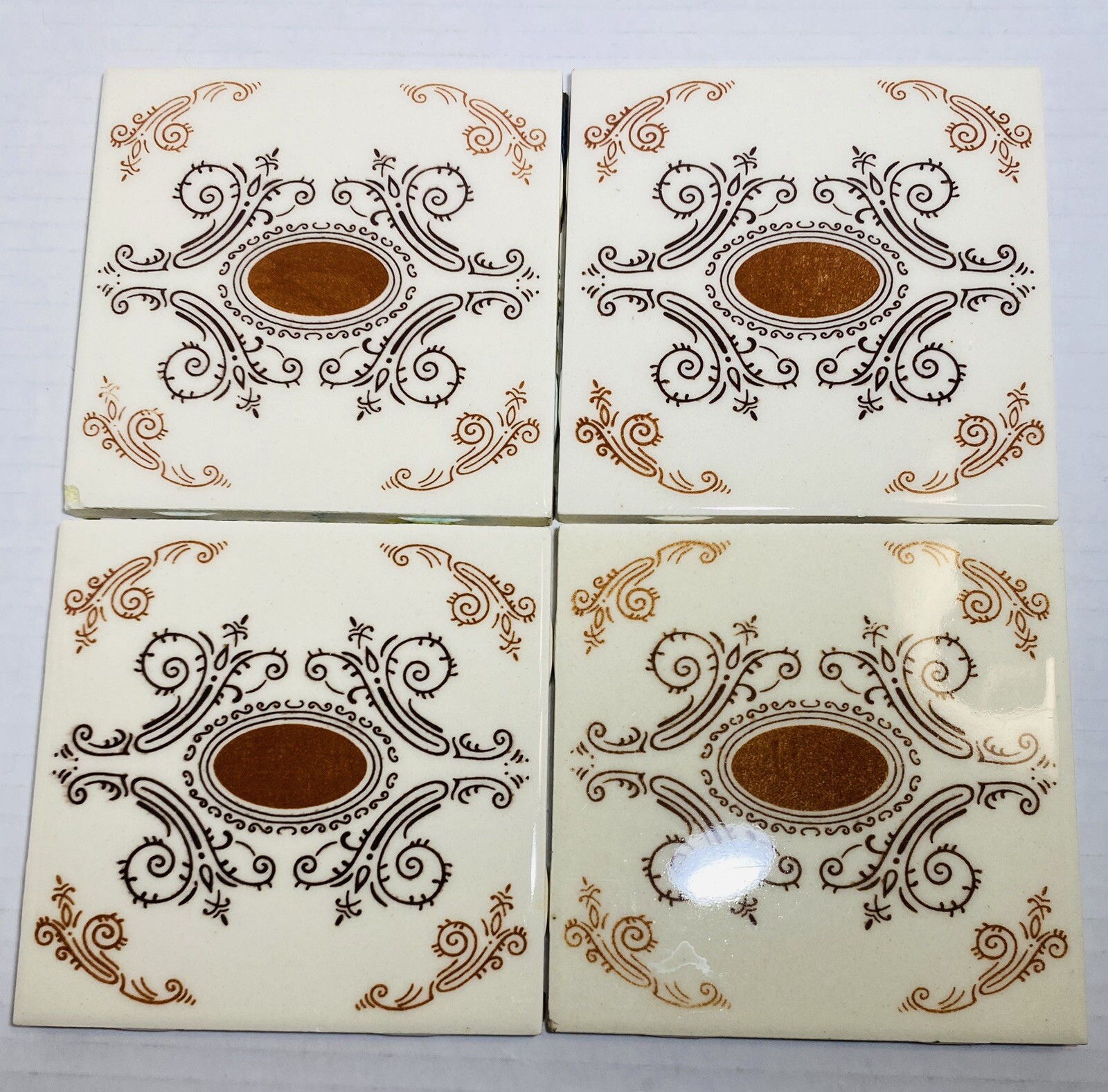 RARE 4 Ceramic Tiles 4.25 MCM Cream, Light Bronze Brown & Dark Brown
