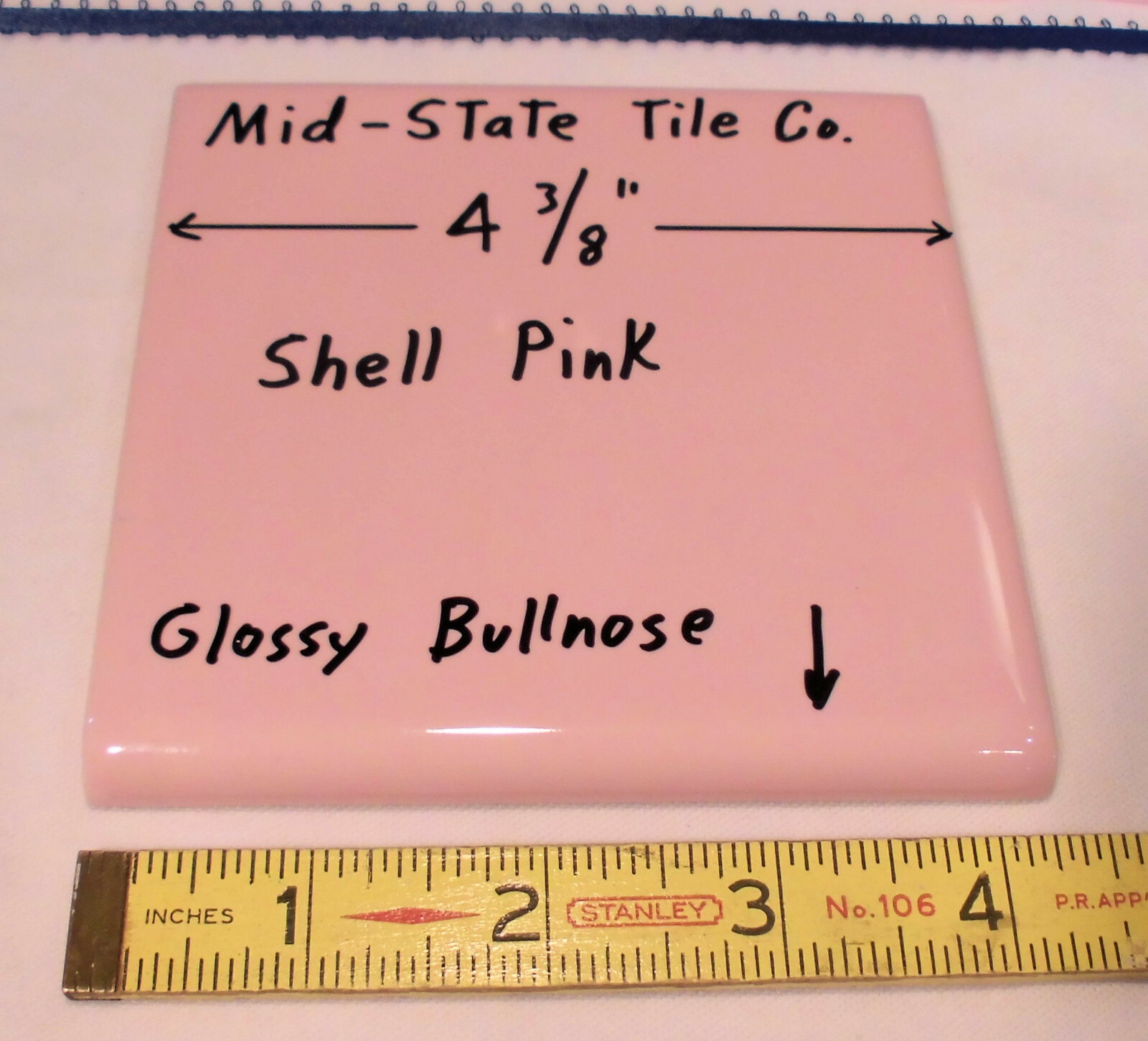 1 pc. “Glossy Shell Pink” Surface Bullnose Ceramic Tile: by 4-3/8″ Mid-State Co.