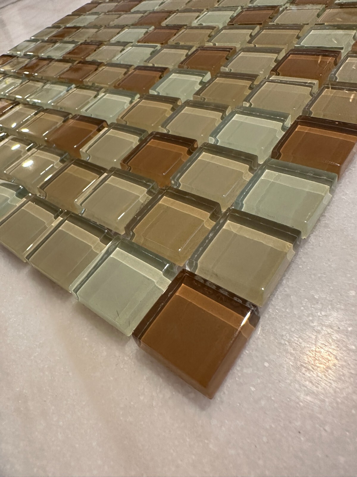 Light Beige Mix Glossy Glass Mosaic 1″x1″ Stacked Mesh Mounted
