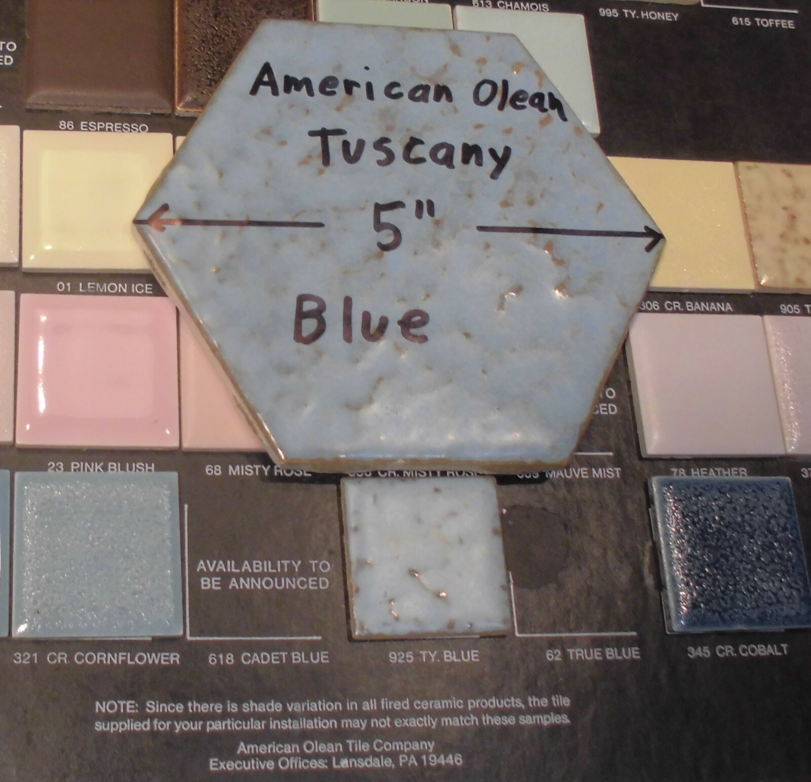 1 pc. *Blue Hexagon* Ceramic 5″ Tiles: Tuscany Glaze by American Olean 4-3/8″
