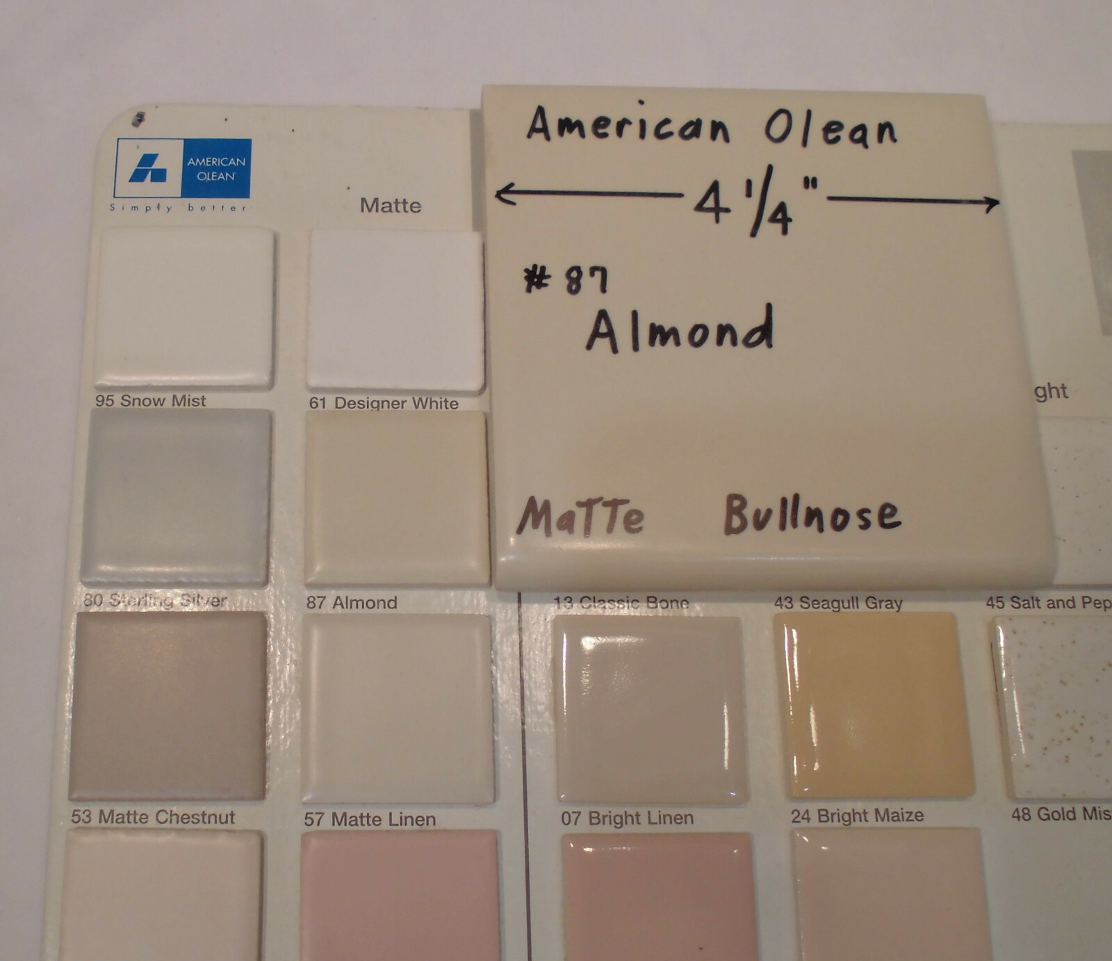 1 pc. *Matte Almond #87* Ceramic Tile Bullnose by American Olean 4-1/4″ New