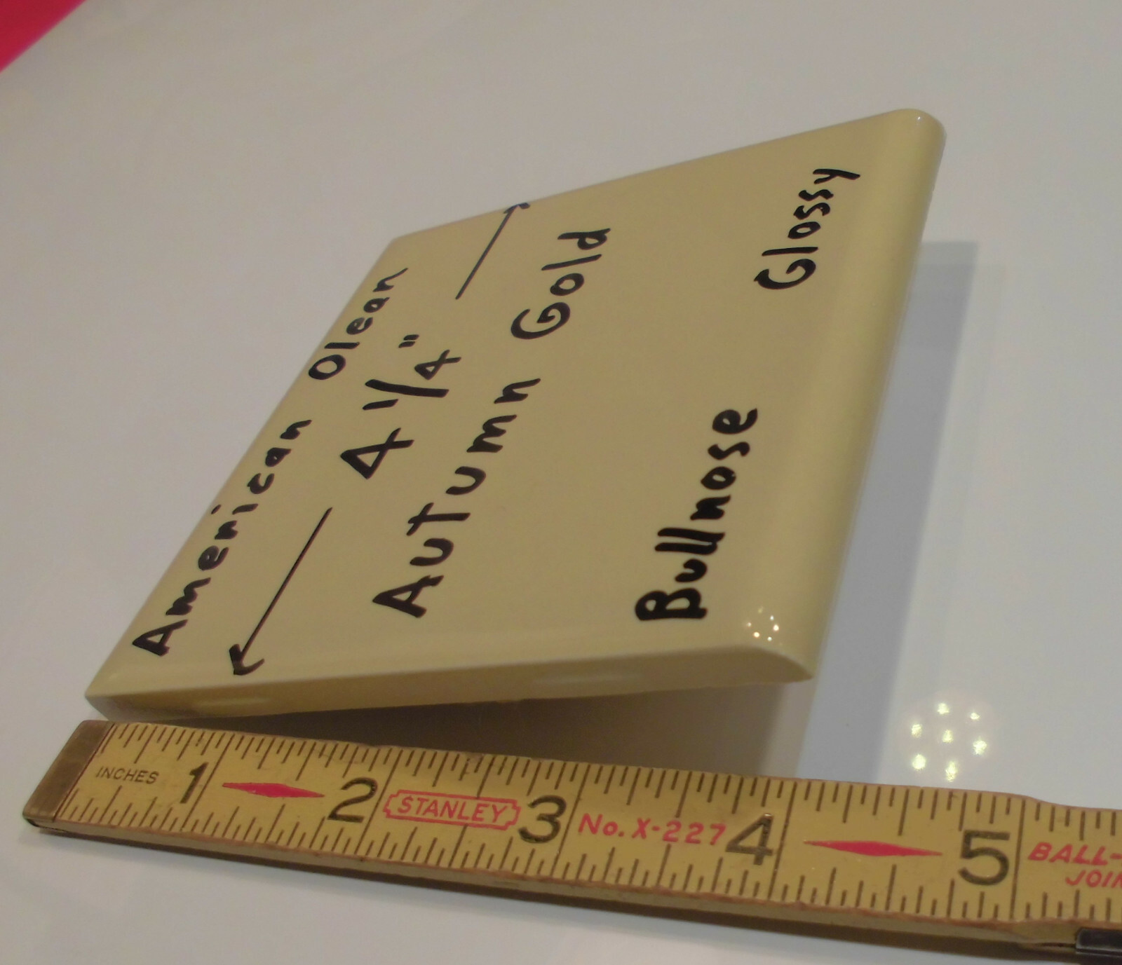1 pc. Vintage Glossy Ceramic Bullnose Tile 4-1/4” *Autumn Gold-Yellow* By A. O.