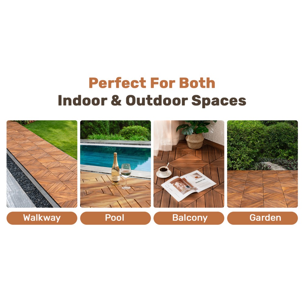27PCS Interlocking Deck Tiles 12×12 Acacia Wood Diagonal Waterproof Outdoor