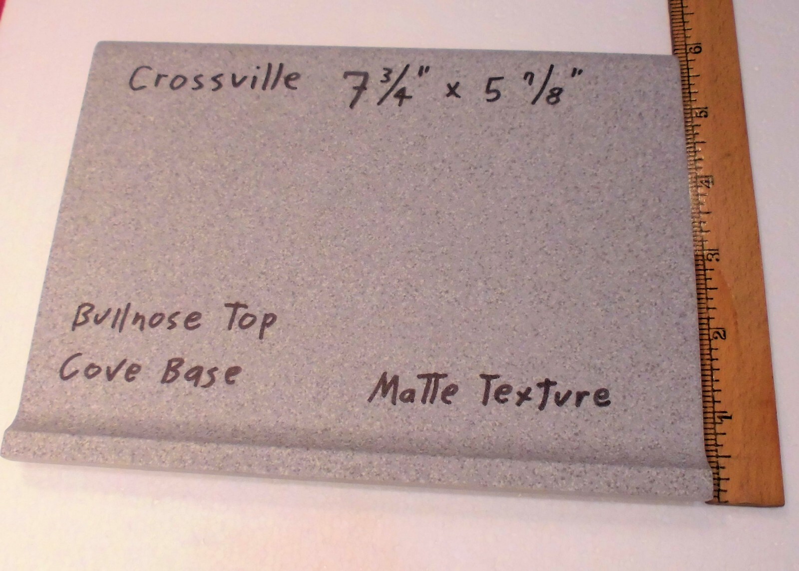 1 pc. Speckled Grays: Cove-Base Ceramic Tile, matte 7-3/4″ X 5-7/8″ Bullnose Top