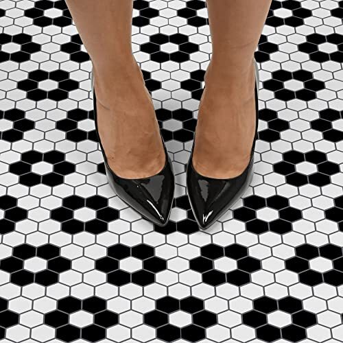 Floral Peel & Stick Floor Tiles, Black and White Geometric Water Resistant