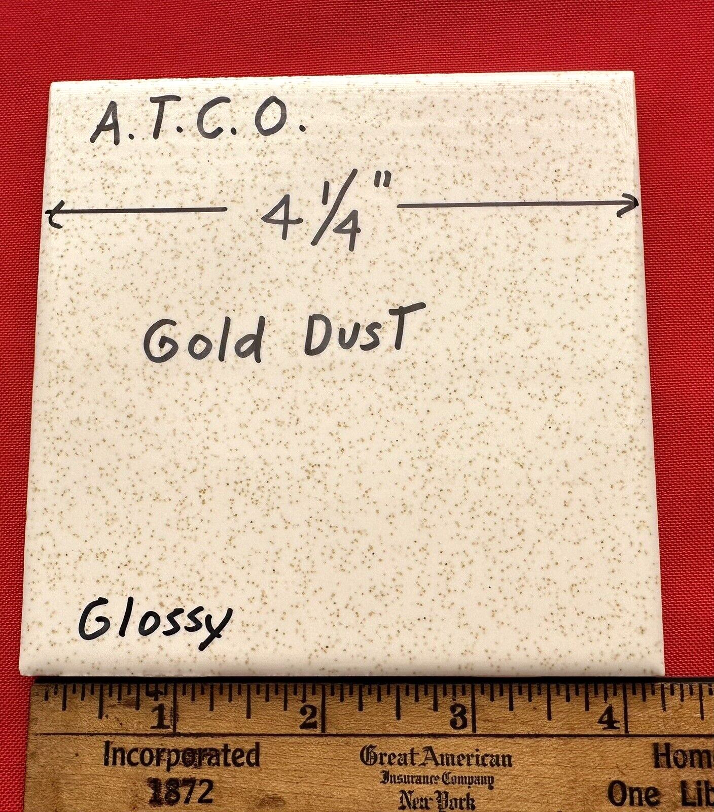 1 pc. *Gold Dust* 4-1/4″ Glossy Ceramic Tile: by A.T.C.O. white + gold specks