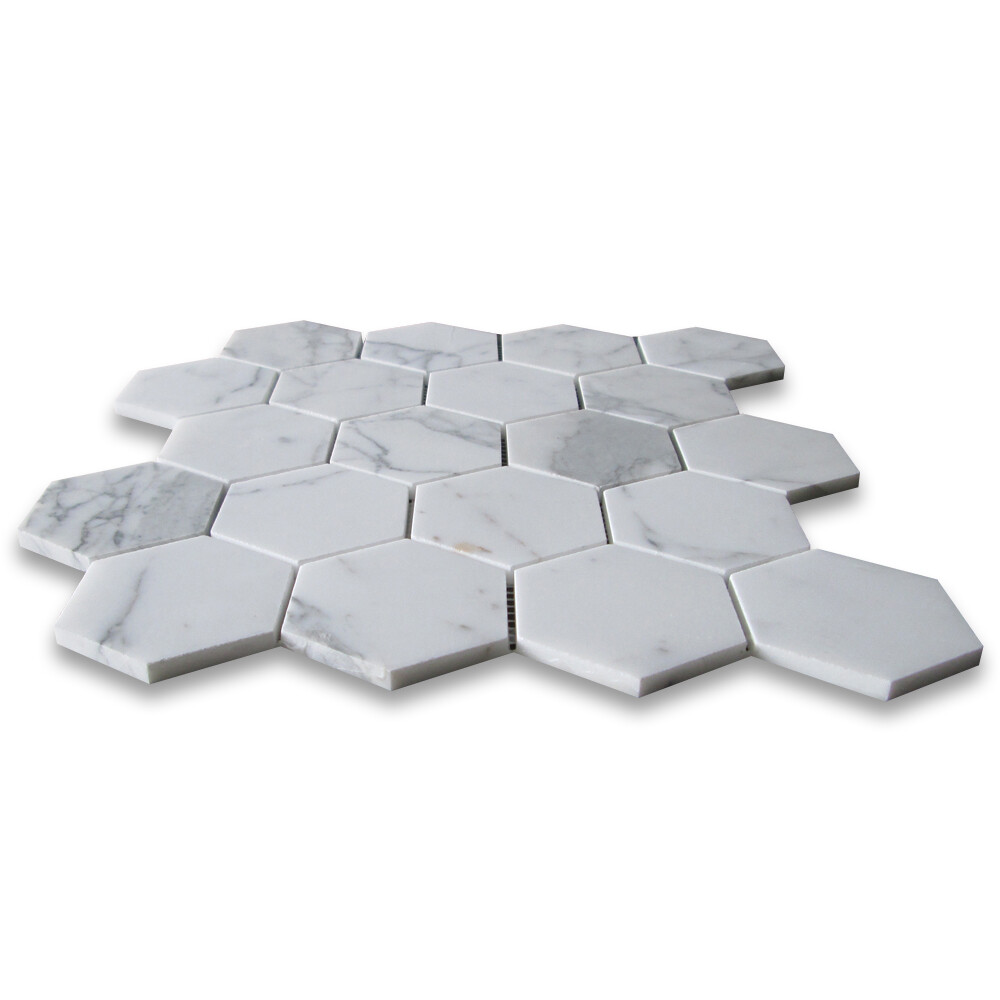 L33XH Statuary White Marble 3 inch Hexagon Mosaic Tile Honed