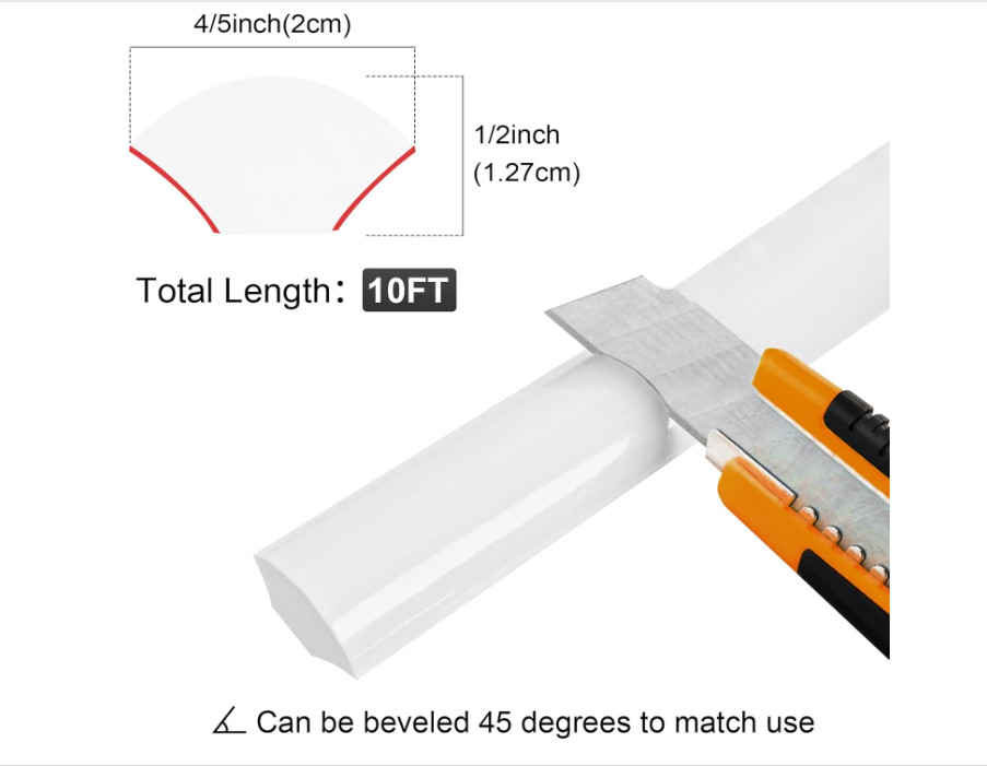 Flexible Quarter round Molding Self Adhesive (White, 10 Ft) Peel and Stick Flexi
