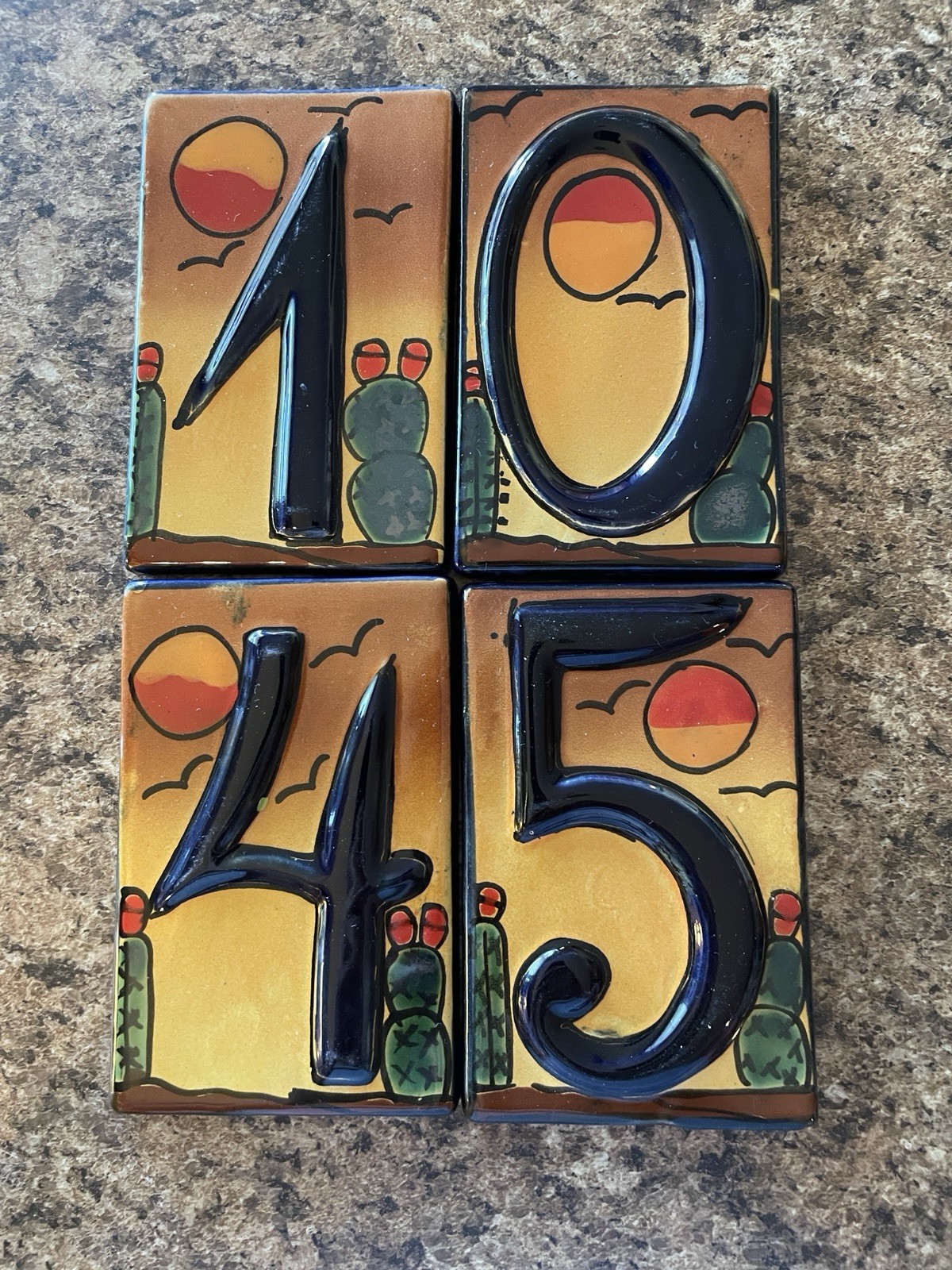 Mexican Glazed Tile House Numbers, 5-1/2″ x 3-1/2″, Colorful Desert Scene