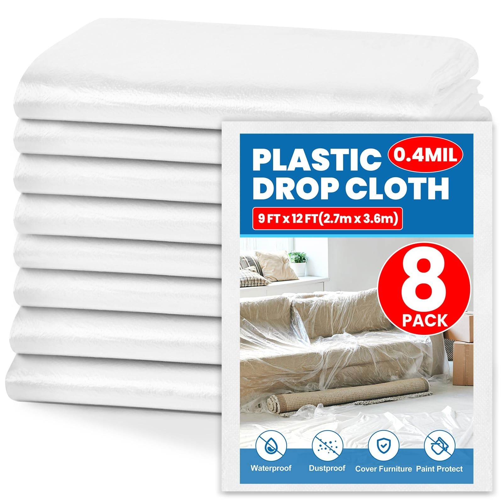 8 Pack Plastic Drop Cloth, 9 x 12 Feet Plastic Sheeting, Painter’s Sheeting &…