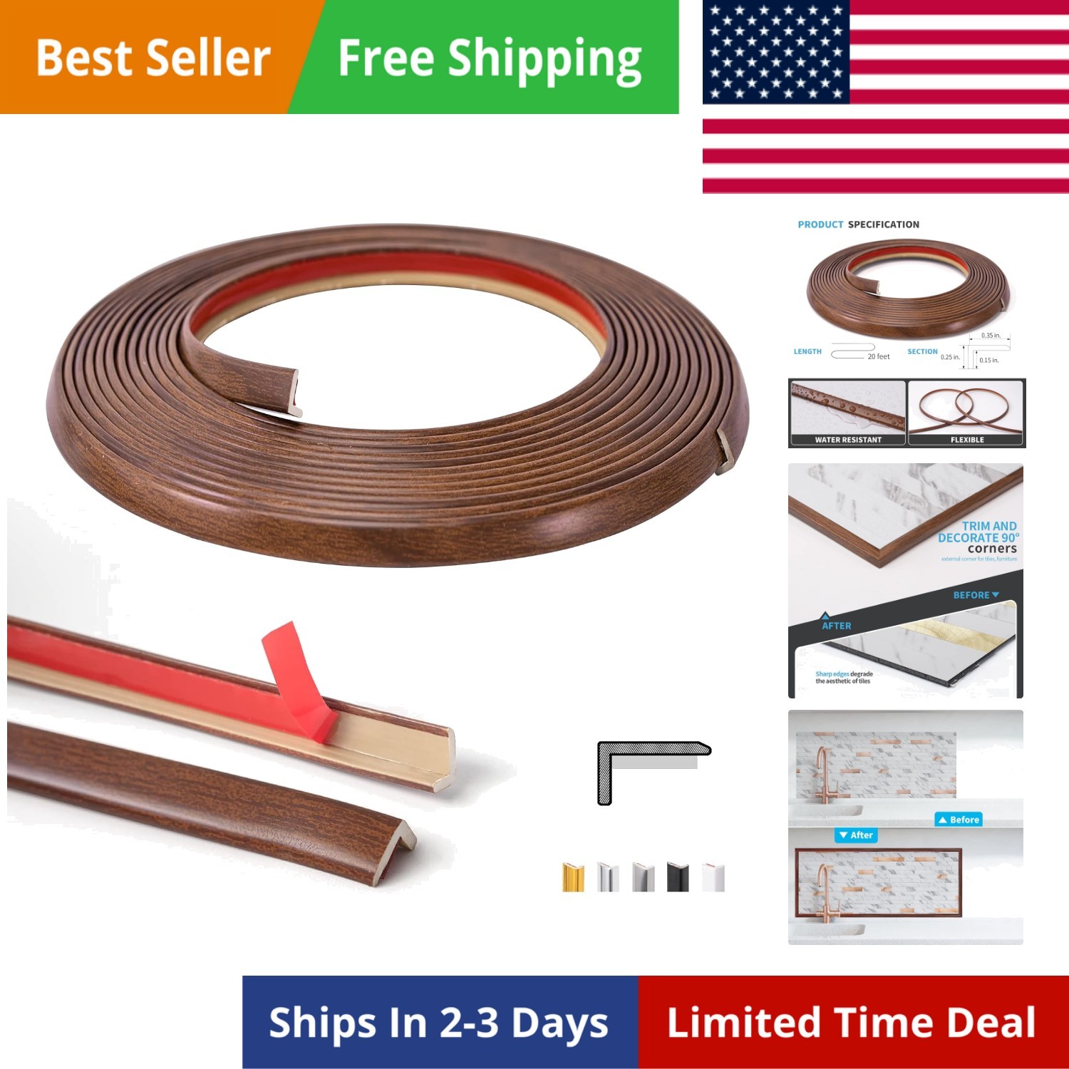 20ft Outside Vinyl Corner Trim Peel and Stick for Tile and Wall Edges, Furnit…