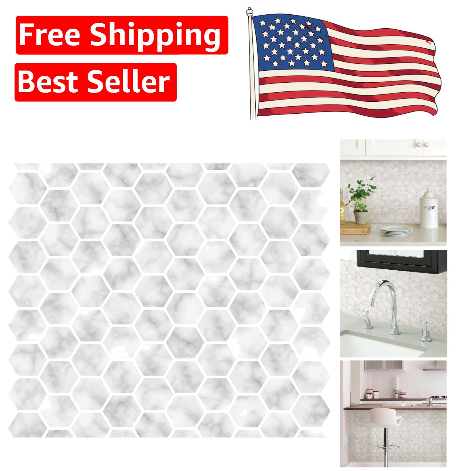 Classic White & Off-White Hexagon Marble Peel and Stick Wall Tiles for Kitchens