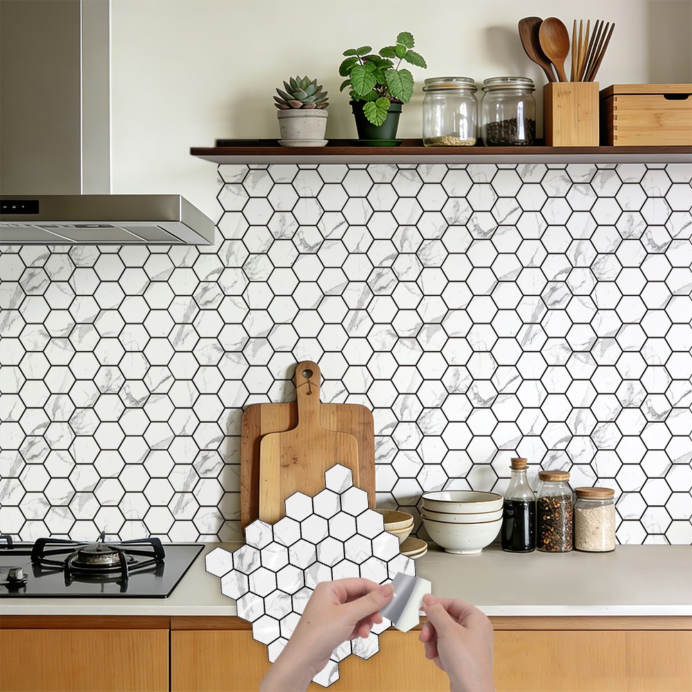 40PCS Peel and Stick Backsplash Kitchen, Self-Adhesive Tile Hexagon Mosaic Tile