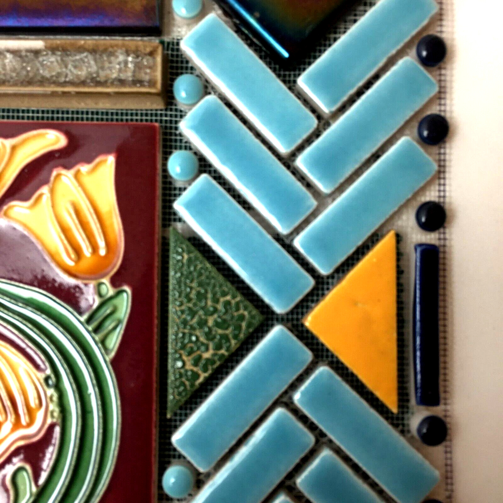 Tile Mosaic Feature Panel w/Vintage Handmade Ceramic and Glass Tile 12″ X 12.75″