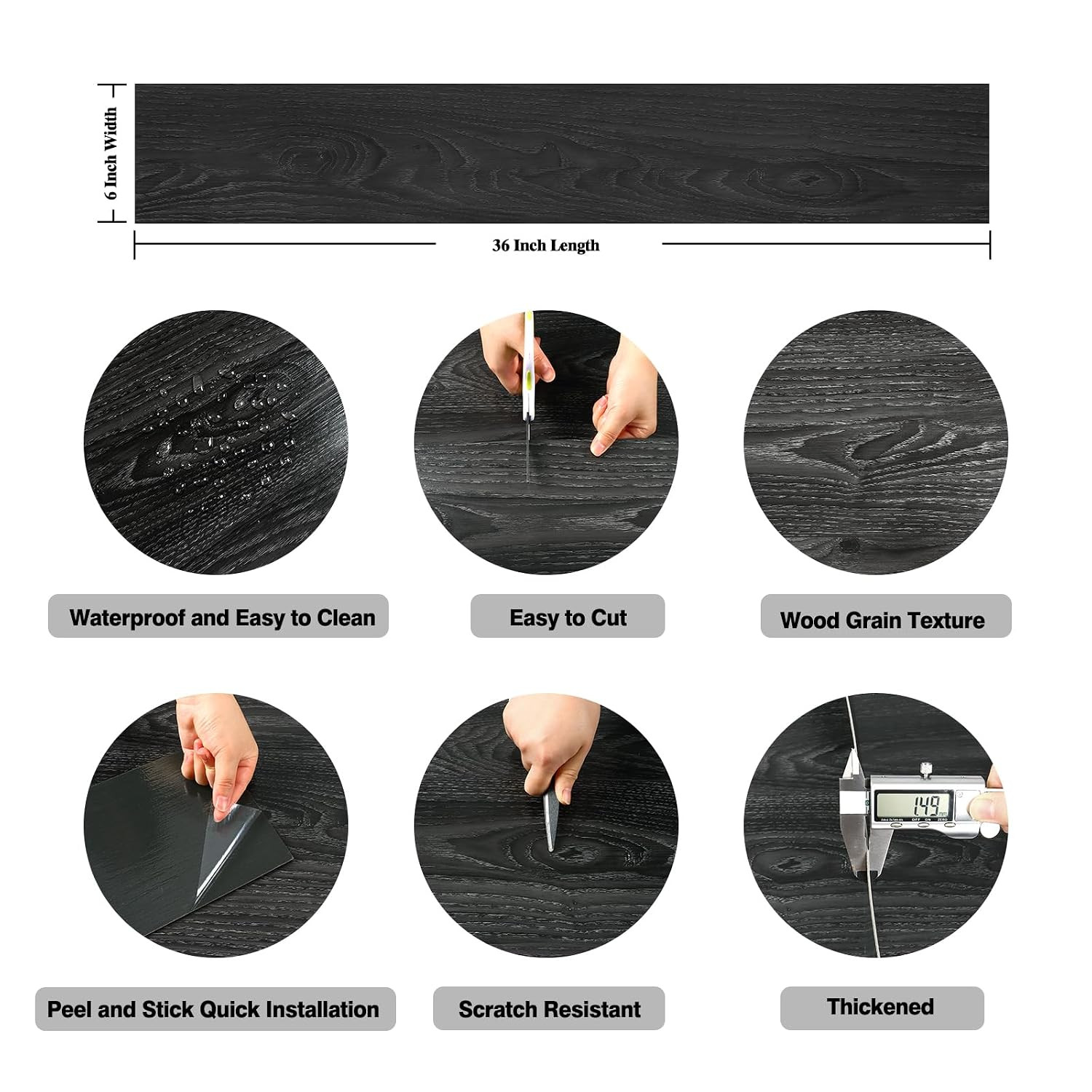 6”X36” Oak Wood Vinyl Flooring Planks Black Peel and Stick Floor Tiles