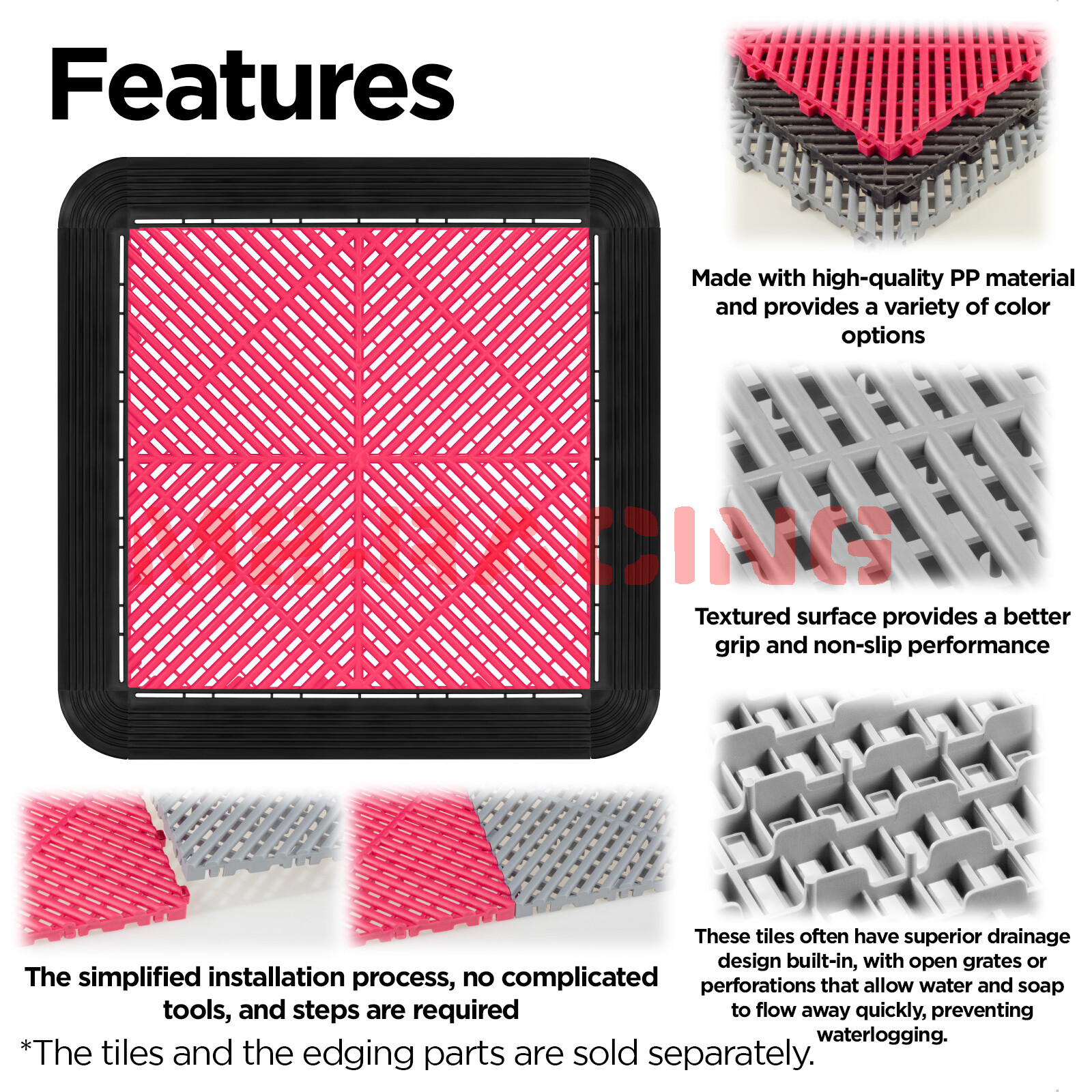 34pcs 16″x16″ Pink Garage Floor Mat Perforated Flooring Tile Shop Interlocking