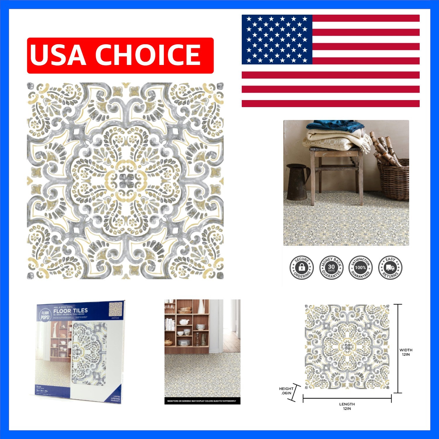 FP2947 Antico Peel & Stick Floor Tiles, Multicolor