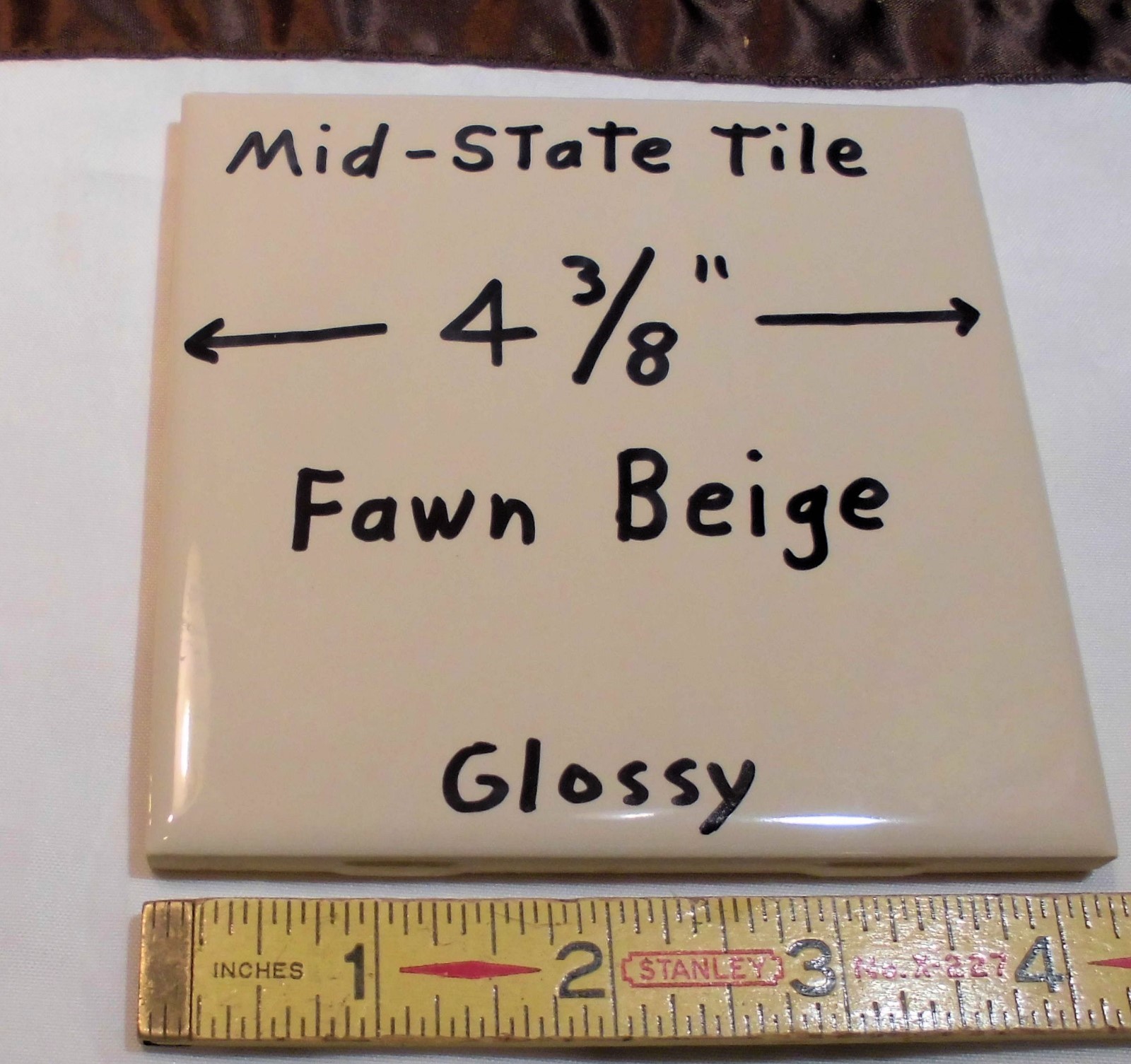 1 pc. *Fawn Beige* Glossy Ceramic Tiles by Mid-State “NOS” 4-3/8″ Peachy Tan