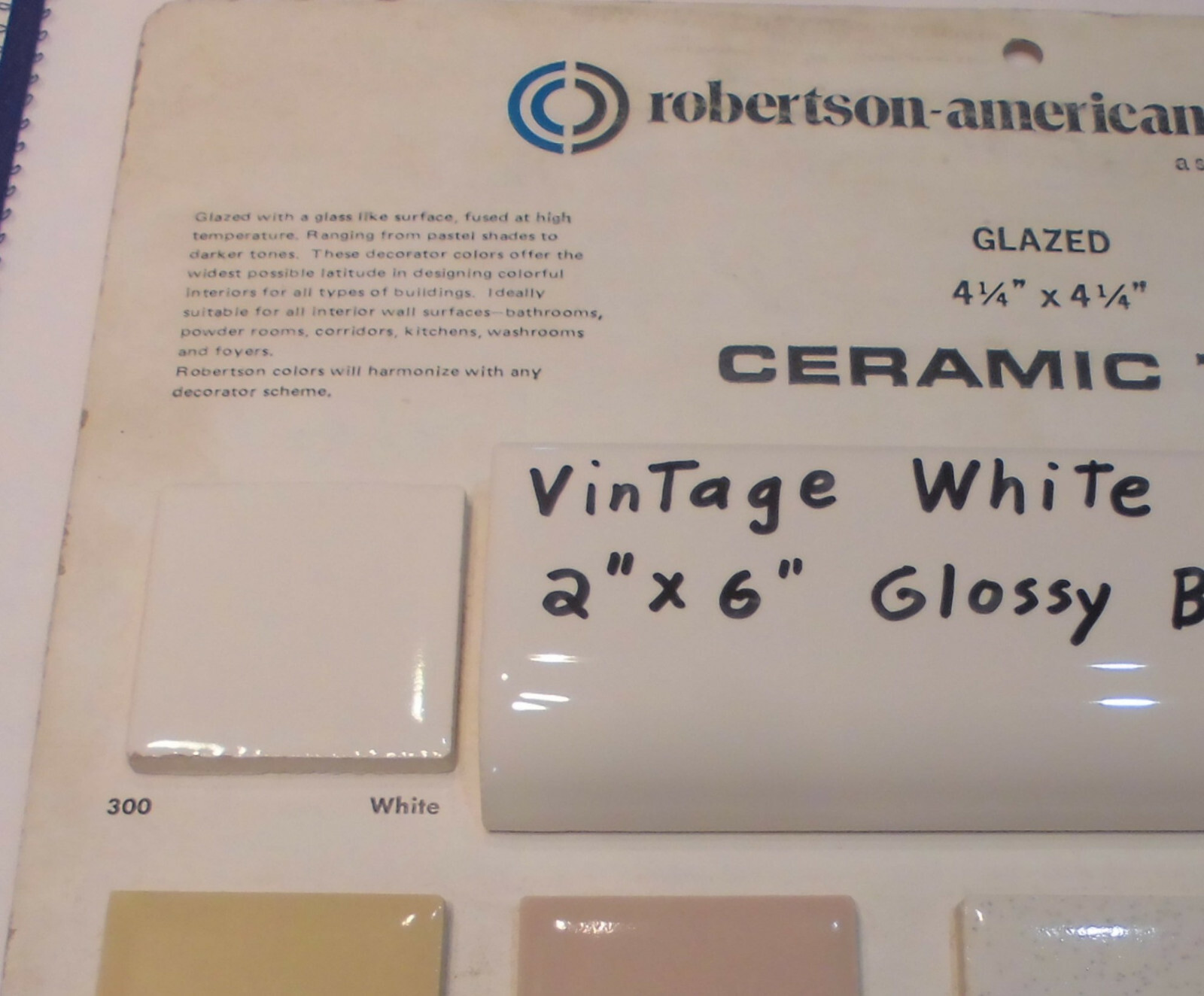 1 pc. *Vintage White* Glossy 2″ X 6″ Ceramic Radius Bullnose Tile; Mud Caps