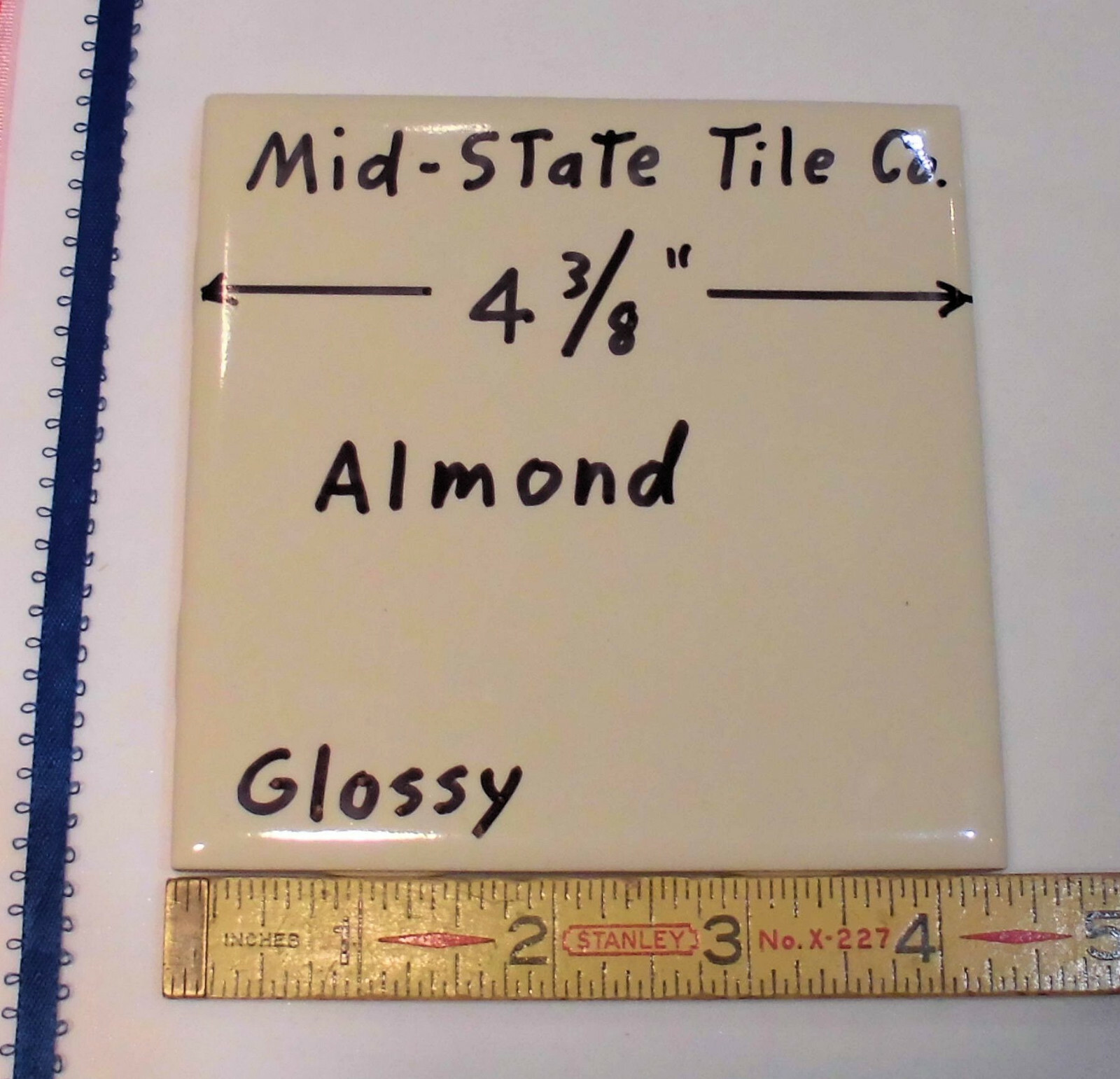 1 pc. *Almond* Glossy 4-3/8″ Ceramic Tile by Mid-State Co.; New Old Stock USA