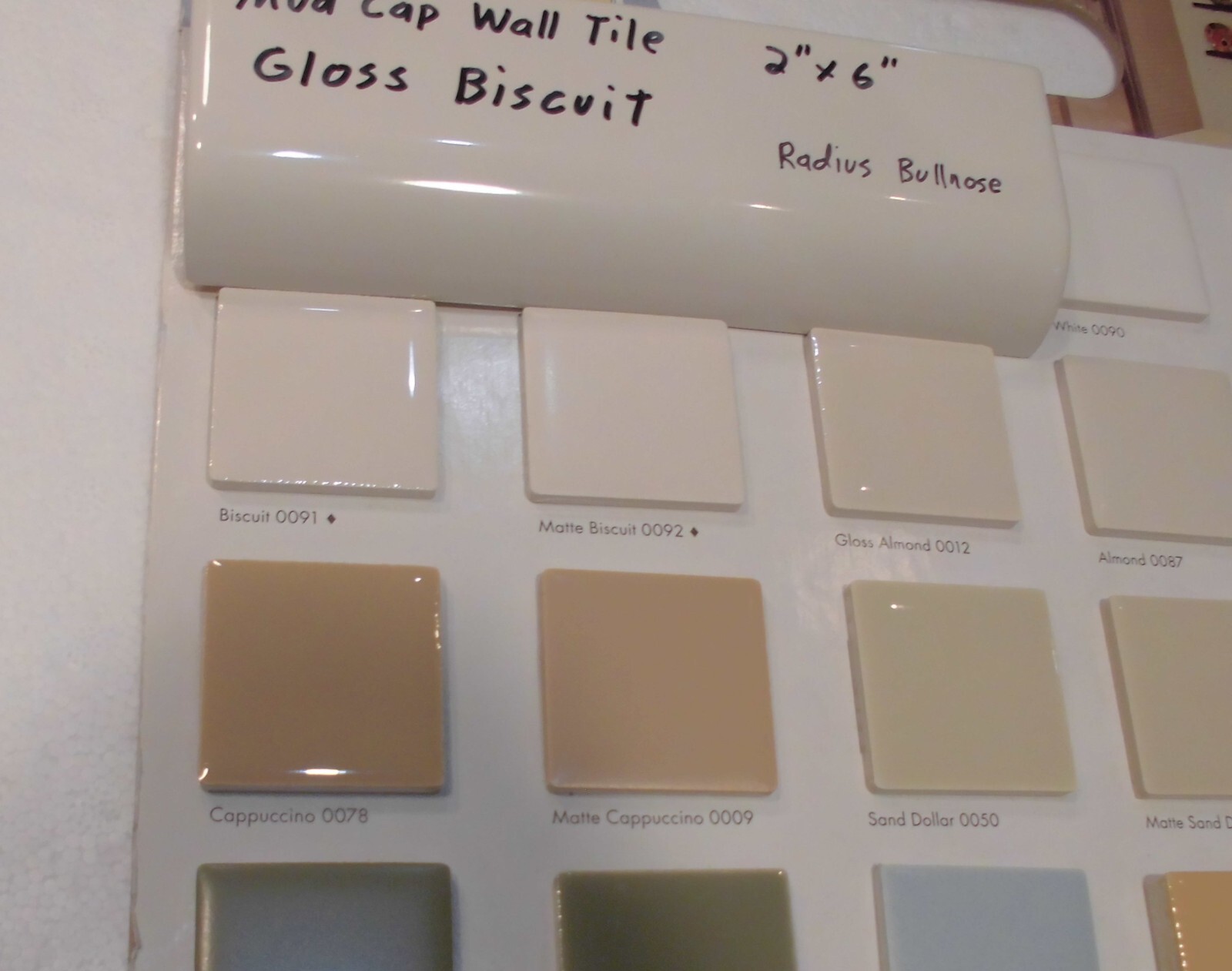1 pc. Gloss Biscuit: 2″ X 6″ X 3/4″ Ceramic Radius Bullnose Tiles, Mud Caps, New