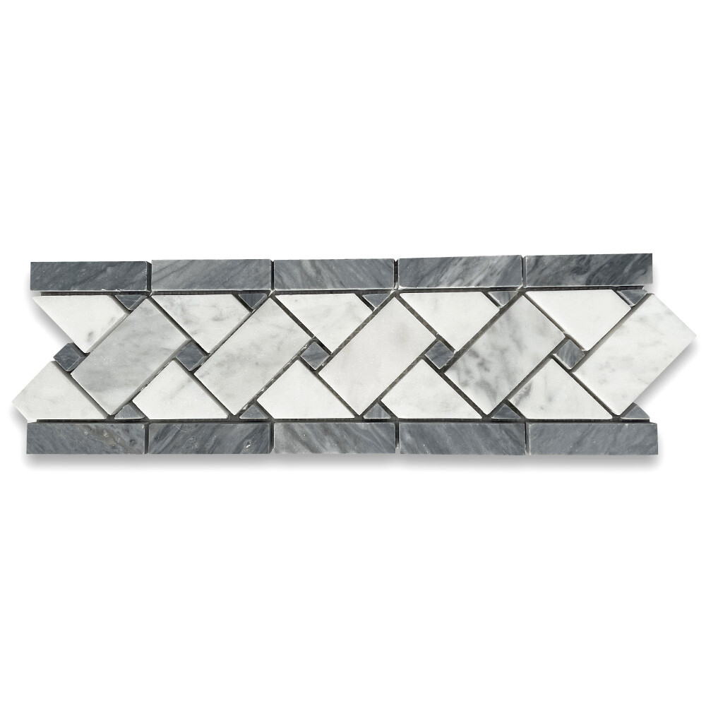 C657BXH Carrara Venato Marble Basketweave Mosaic Border Dark Gray Dots Honed