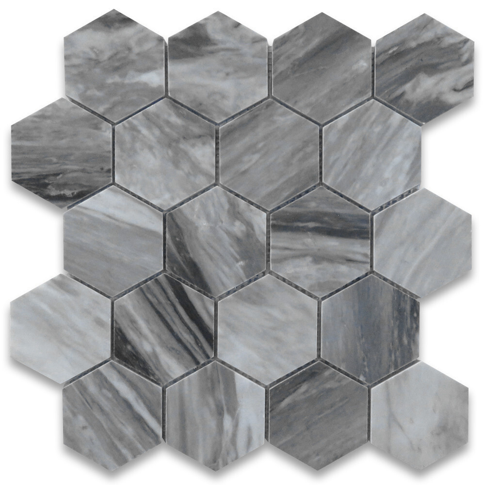 K33XP Bardiglio Gray Dark Grey Marble 3 inch Hexagon Mosaic Tile Polished