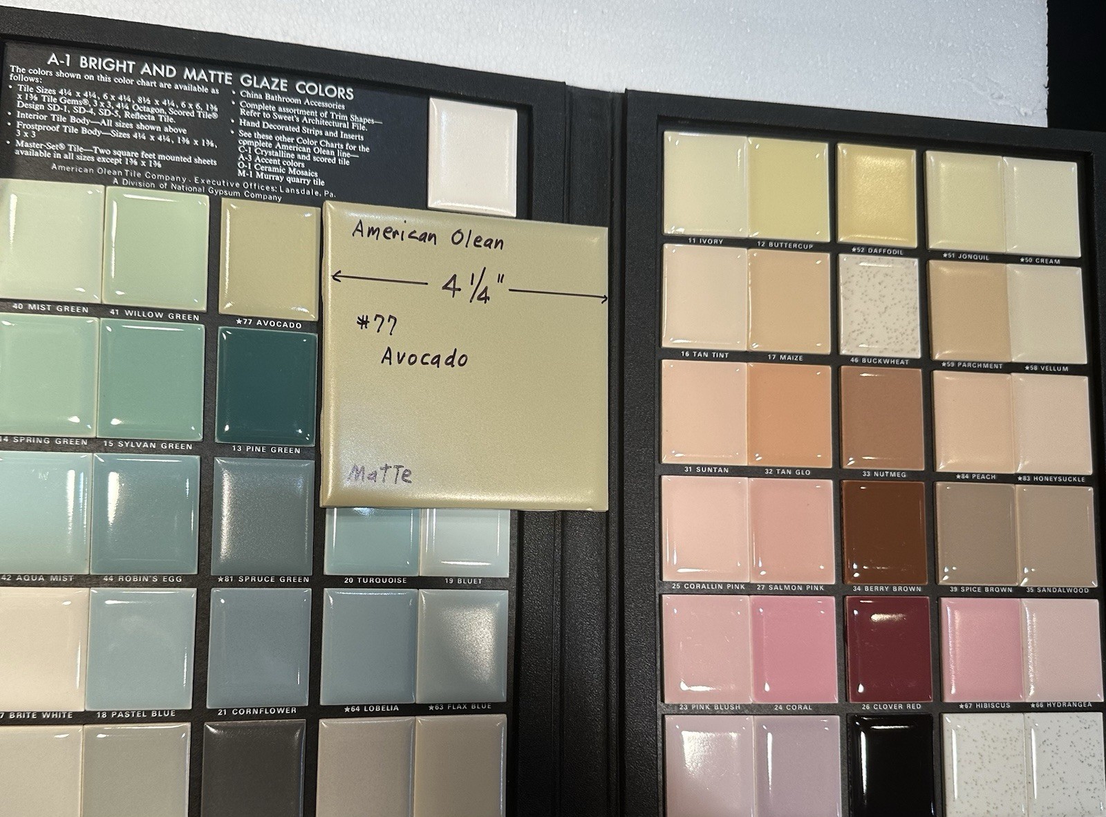 1 pc. Avocado Green: 4-1/4″ Matte Ceramic Tile #77 by American Olean Co. New