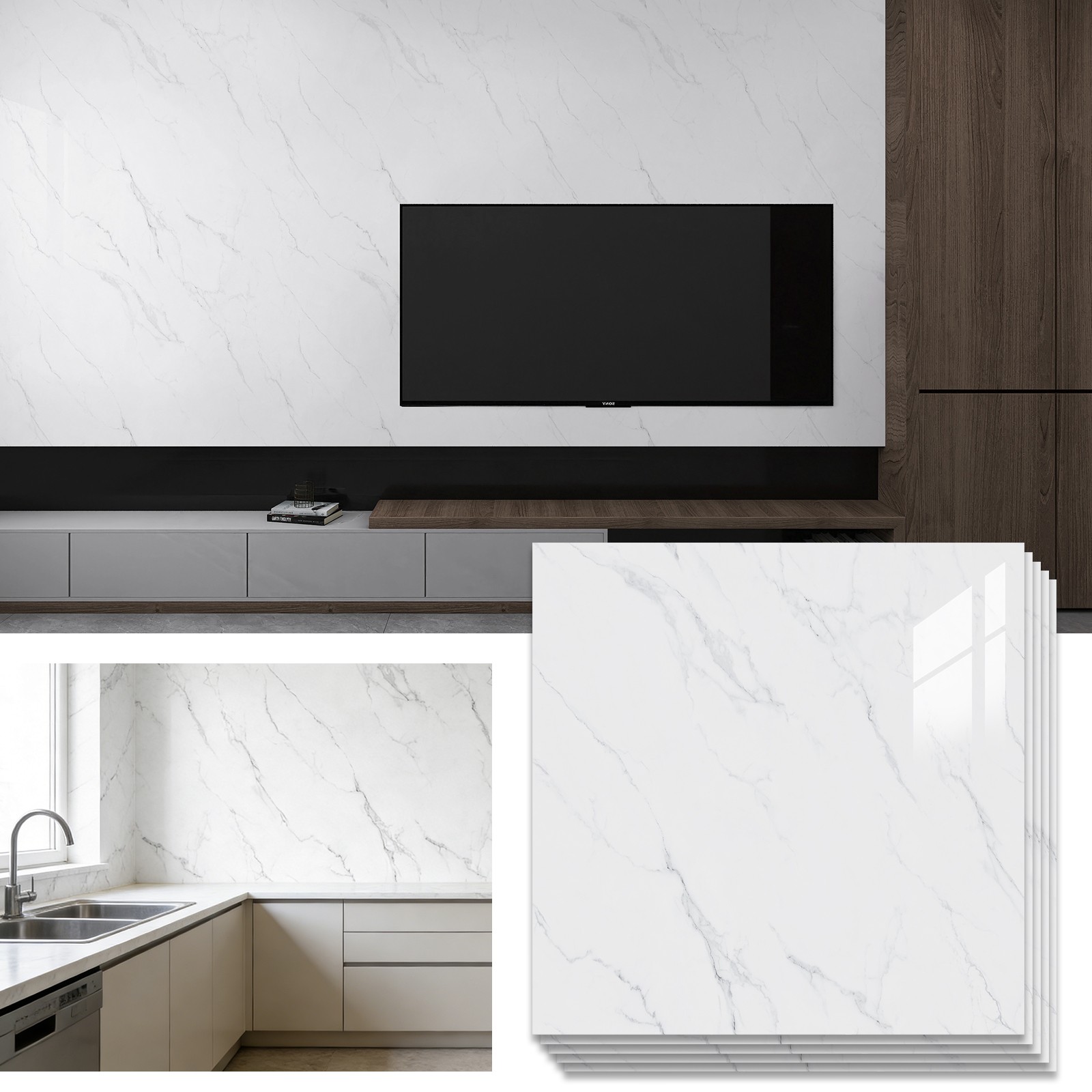 50/100 Pcs Peel & Stick PVC Wall Tiles 12″ Marble Floor Wall Panels Foam Sticker