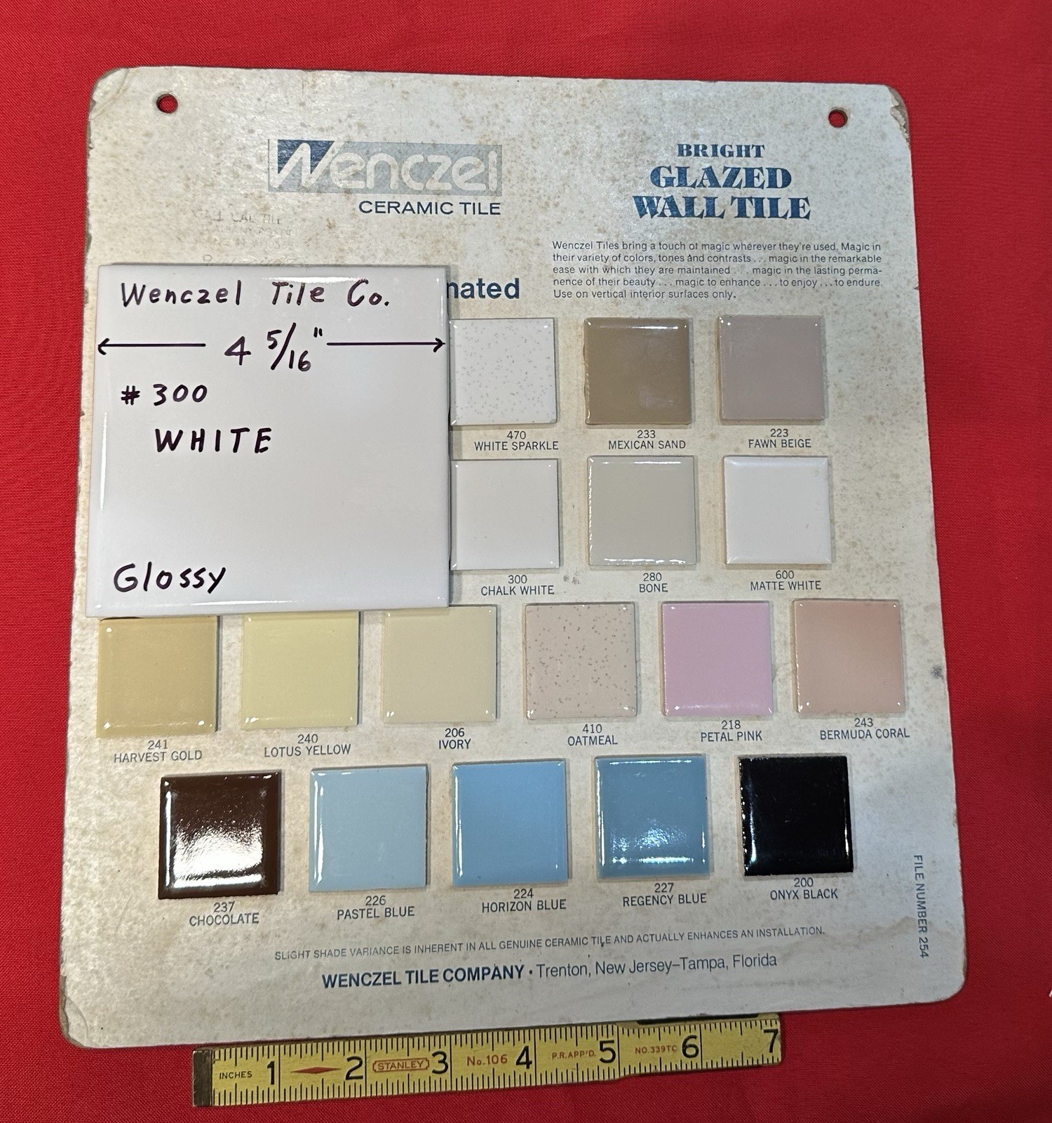 1 pc. Gloss White #300: 4-5/16″ Ceramic Tile by Wenczel Co. made 1960’s -1980’s