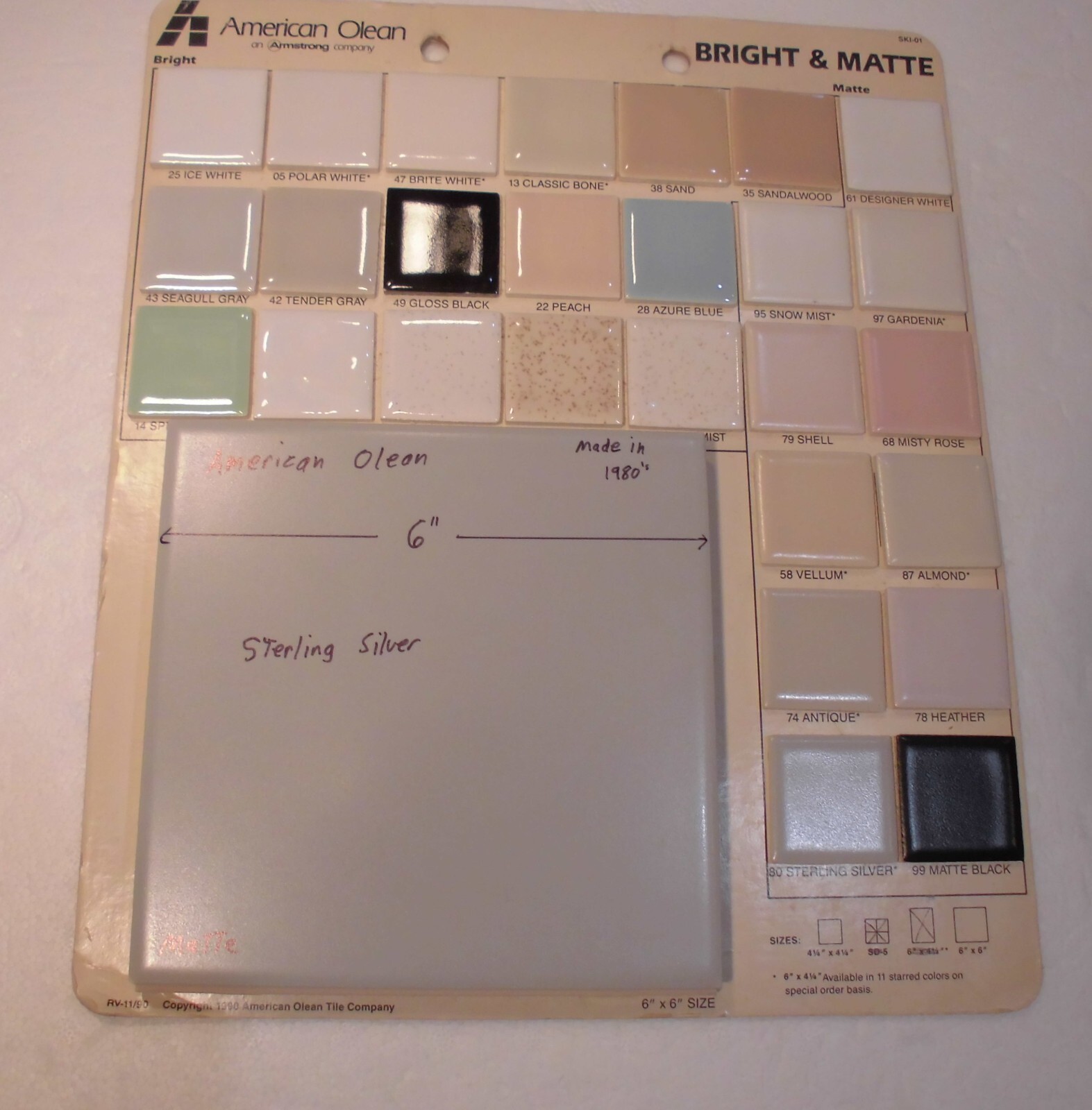 1 pc. 6″ X 6″ Matte Ceramic Tiles *Sterling Silver Gray* American Olean, NEW