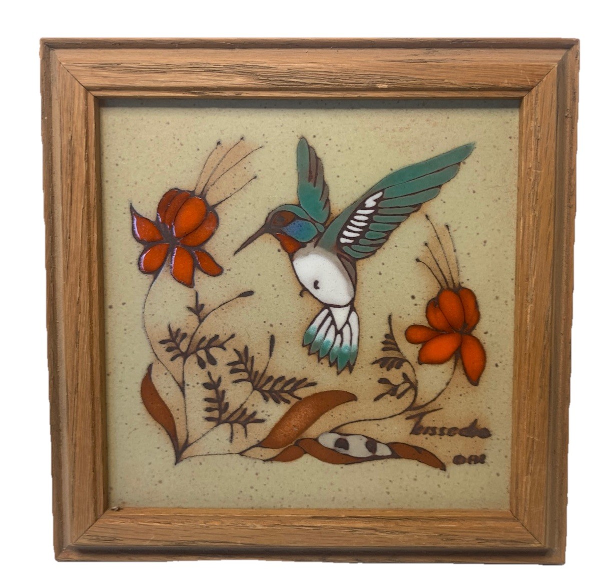 VTG Teissedre Framed Hummingbird-Art Tile-Southwestern Studios Bluebonnets Pair
