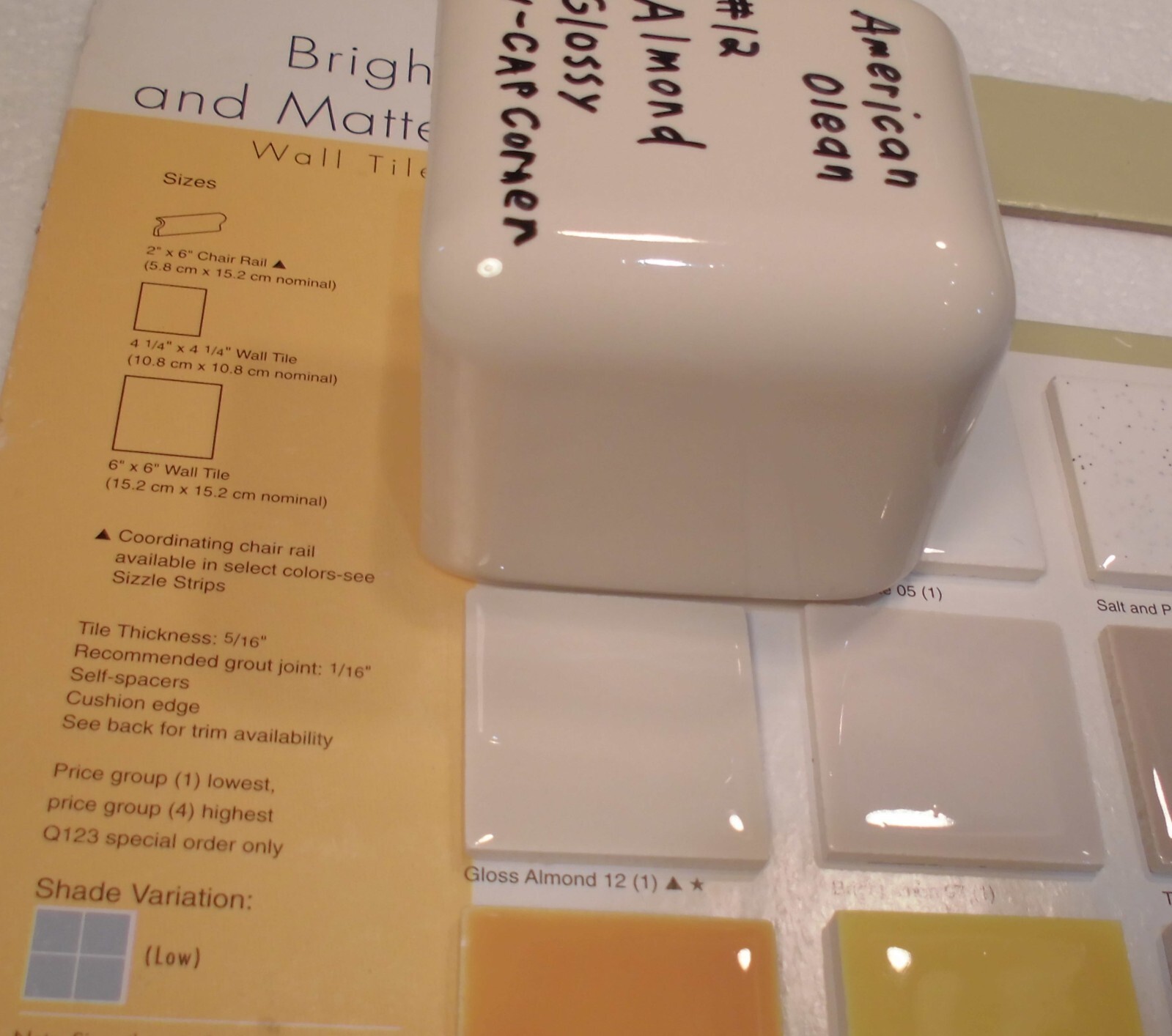 1 pc. Gloss Almond: #12: V Cap Corner Ceramic Trim Tile: Counter Edging, A.O.