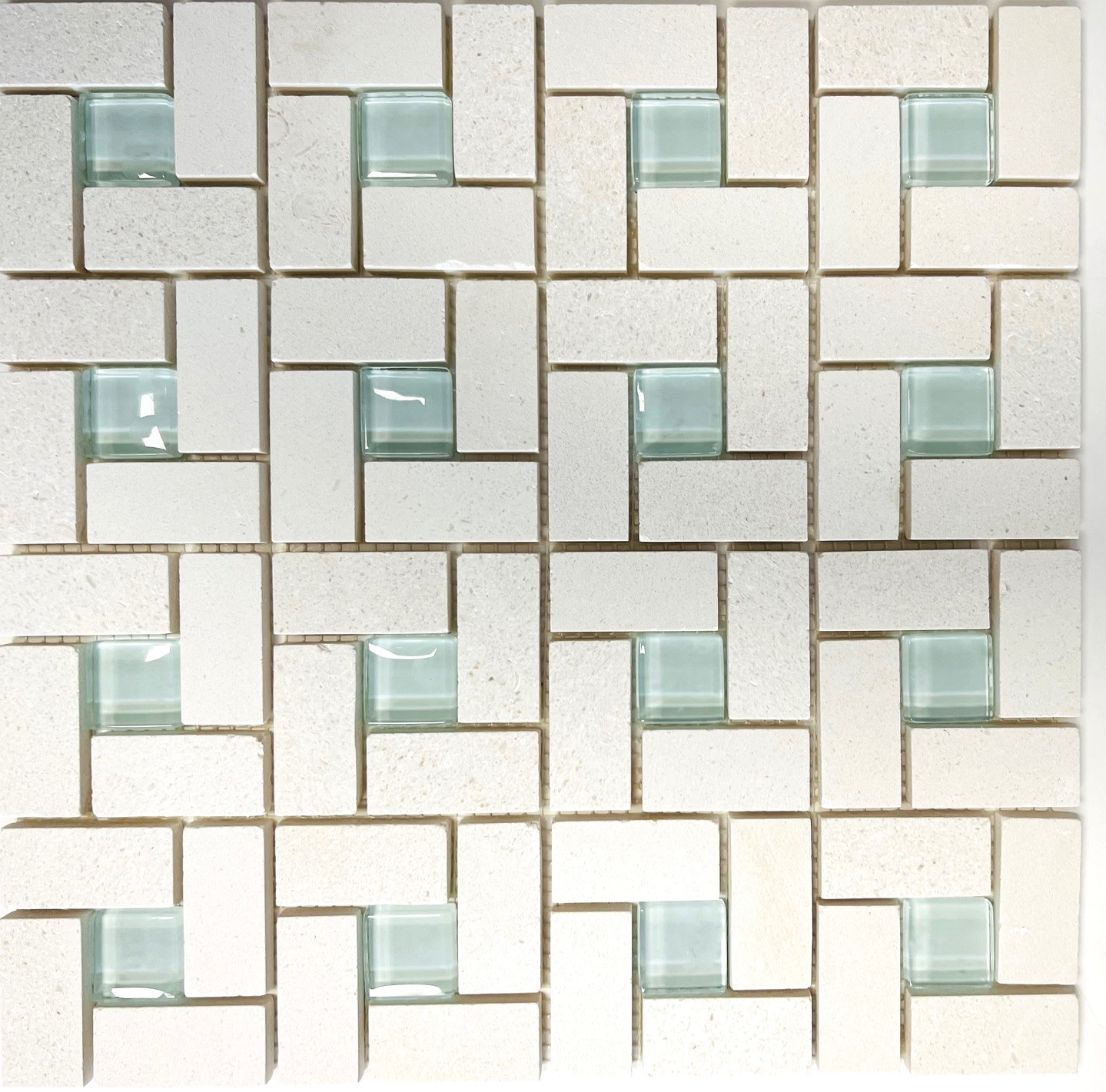 1X2 Pinwheel Vanilla Limestone with Ocean Blue Shiny glass Mosaic Wall Tile
