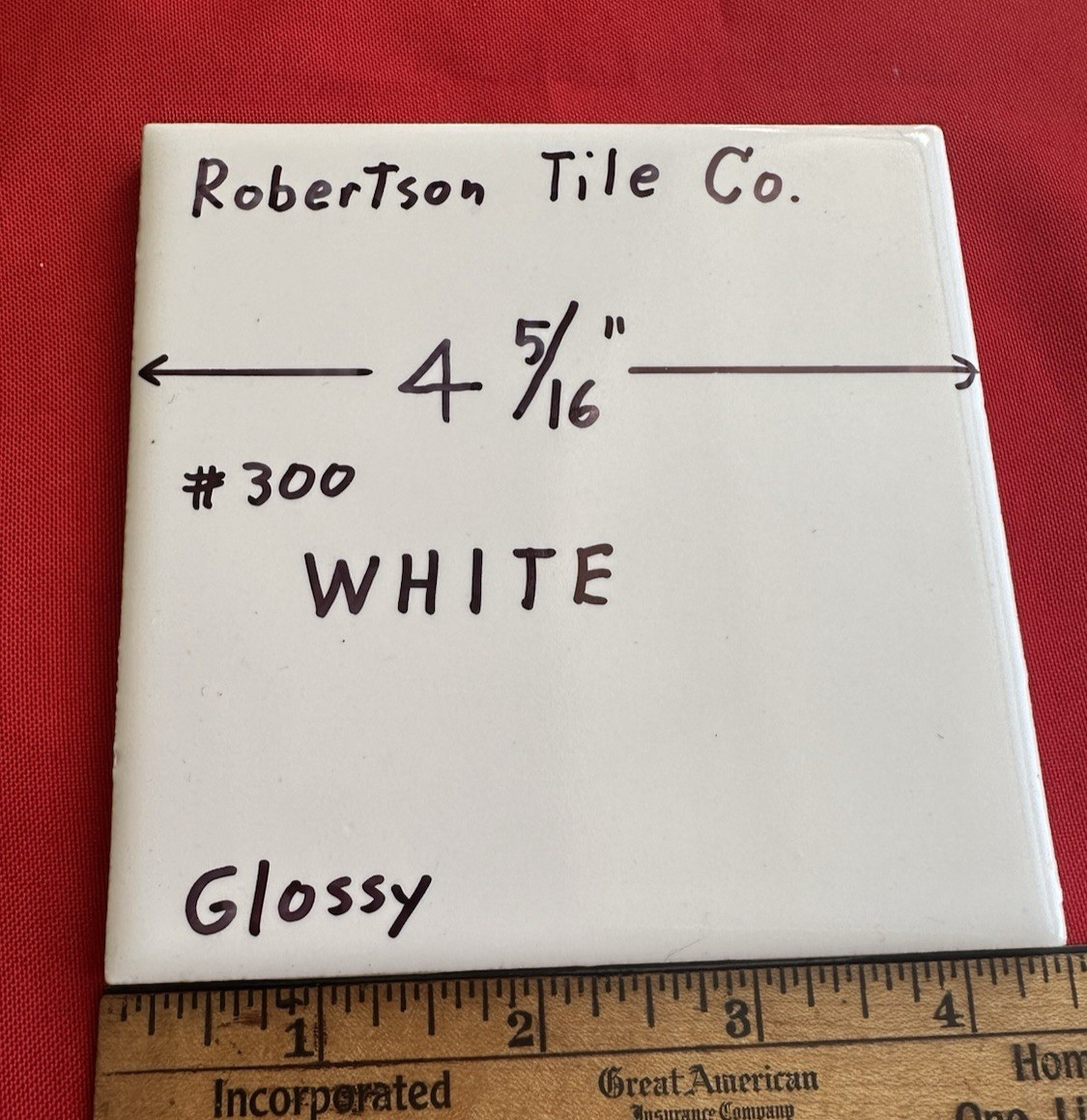 1 pc. Vintage Gloss White: Ceramic Tile by Robertson Co. 4-5/16″ made 1950’s