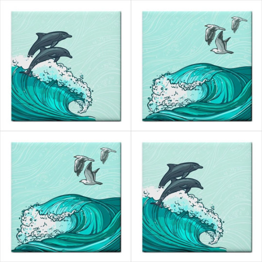 Ocean Wave Ceramic Tile Set of 4 Dolphins Art Home Decorative Backsplash Tiles
