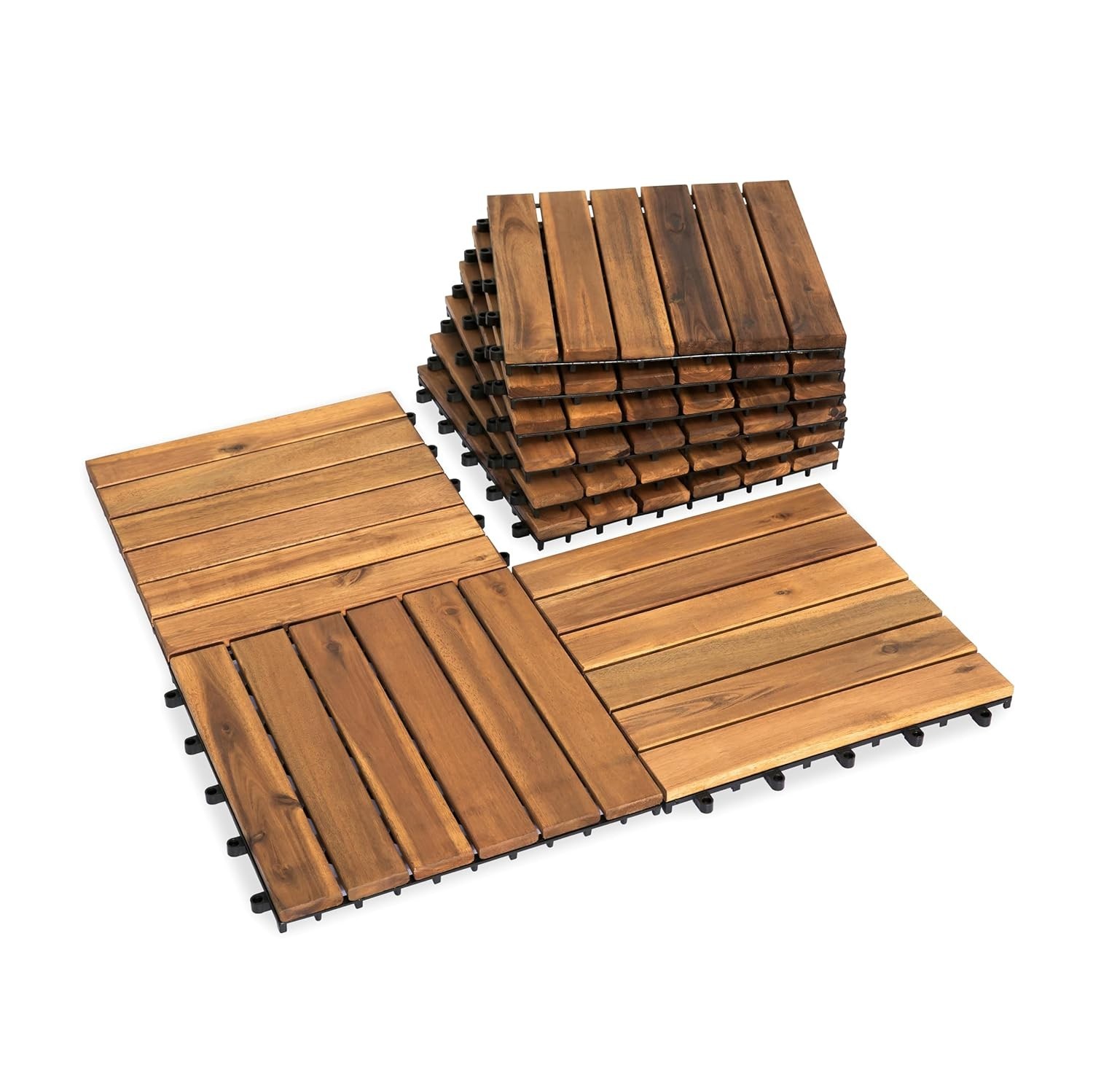 Natural 12×12 Interlocking Acacia Wood Deck Tiles – Anti-Slip for Pools & Patios