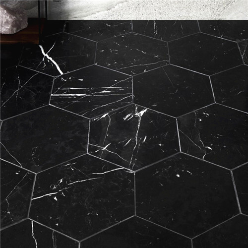 N36H Nero Marquina Black Marble 6 inch Hexagon Tile Honed