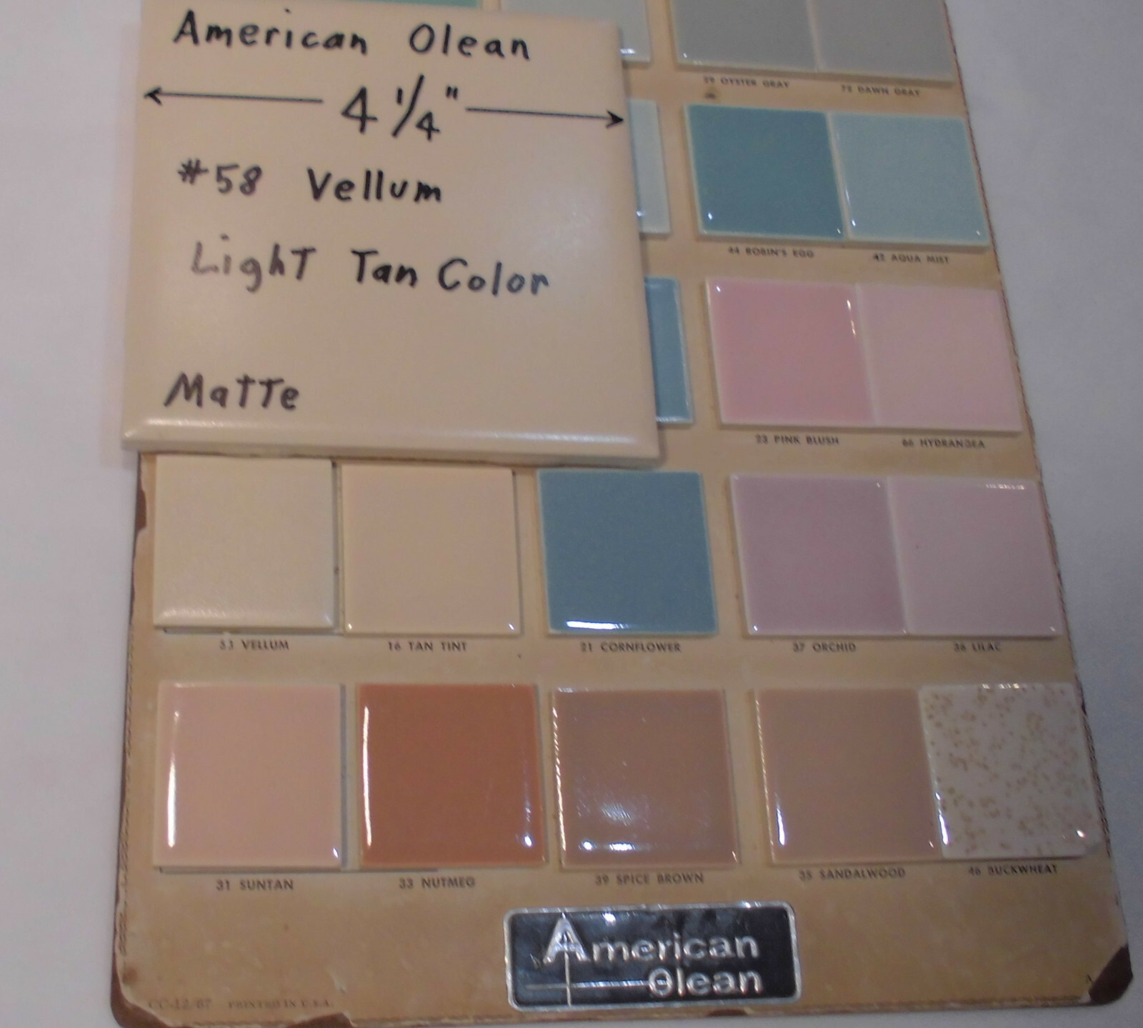 1 pc. Vintage Ceramic Tile *Matte Vellum* by American Olean Co. 4-1/4″ Light Tan