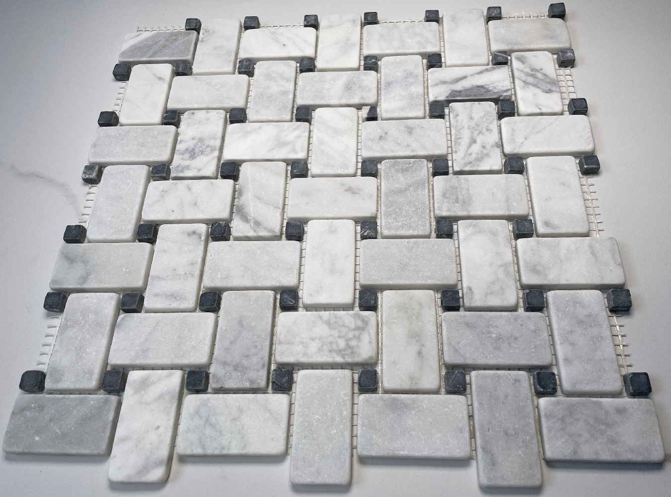 C651XT NonSlip Carrara Venato Marble Basketweave Mosaic Tile Black Dot Tumble