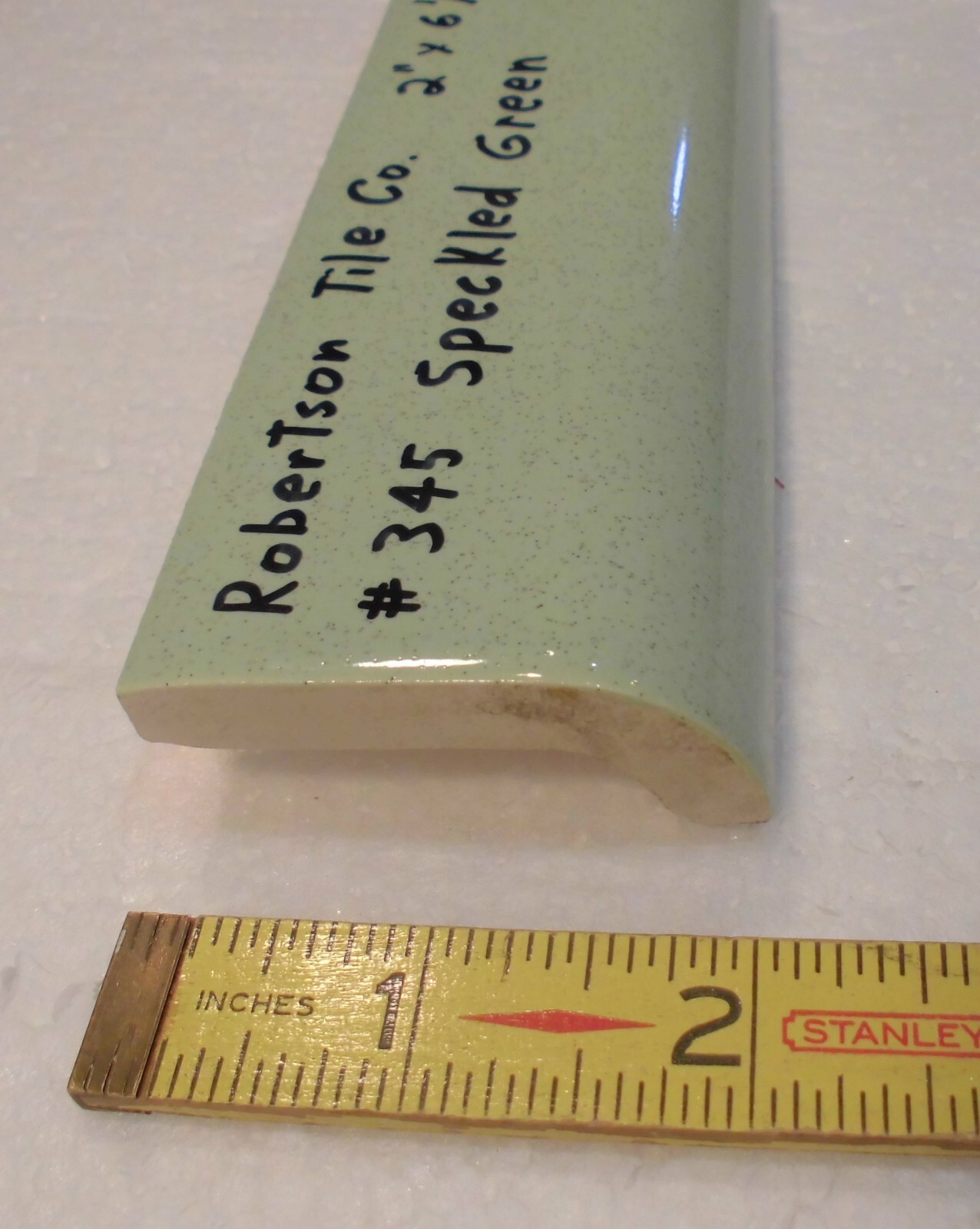 1 pc. Speckled Green: Ceramic Tile; 2″ X 6-1/8″ Radius Bullnose by Robertson Co.