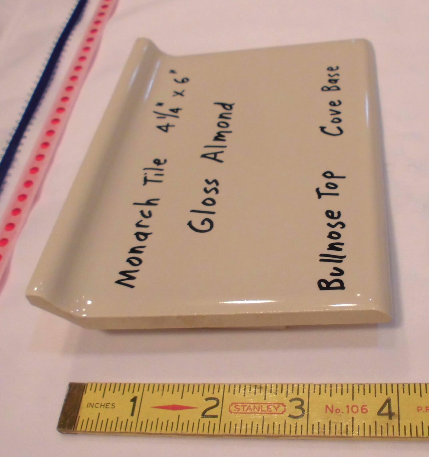 1 pc. Gloss Almond: Bullnose Top Cove-Base Ceramic Tile: 6″ X 4-1/4″ Monarch Co.