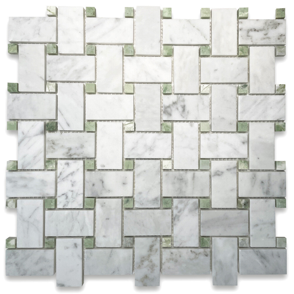 C652XH White Carrara Marble 1×2 Basketweave Mosaic Tile Green Dots Honed