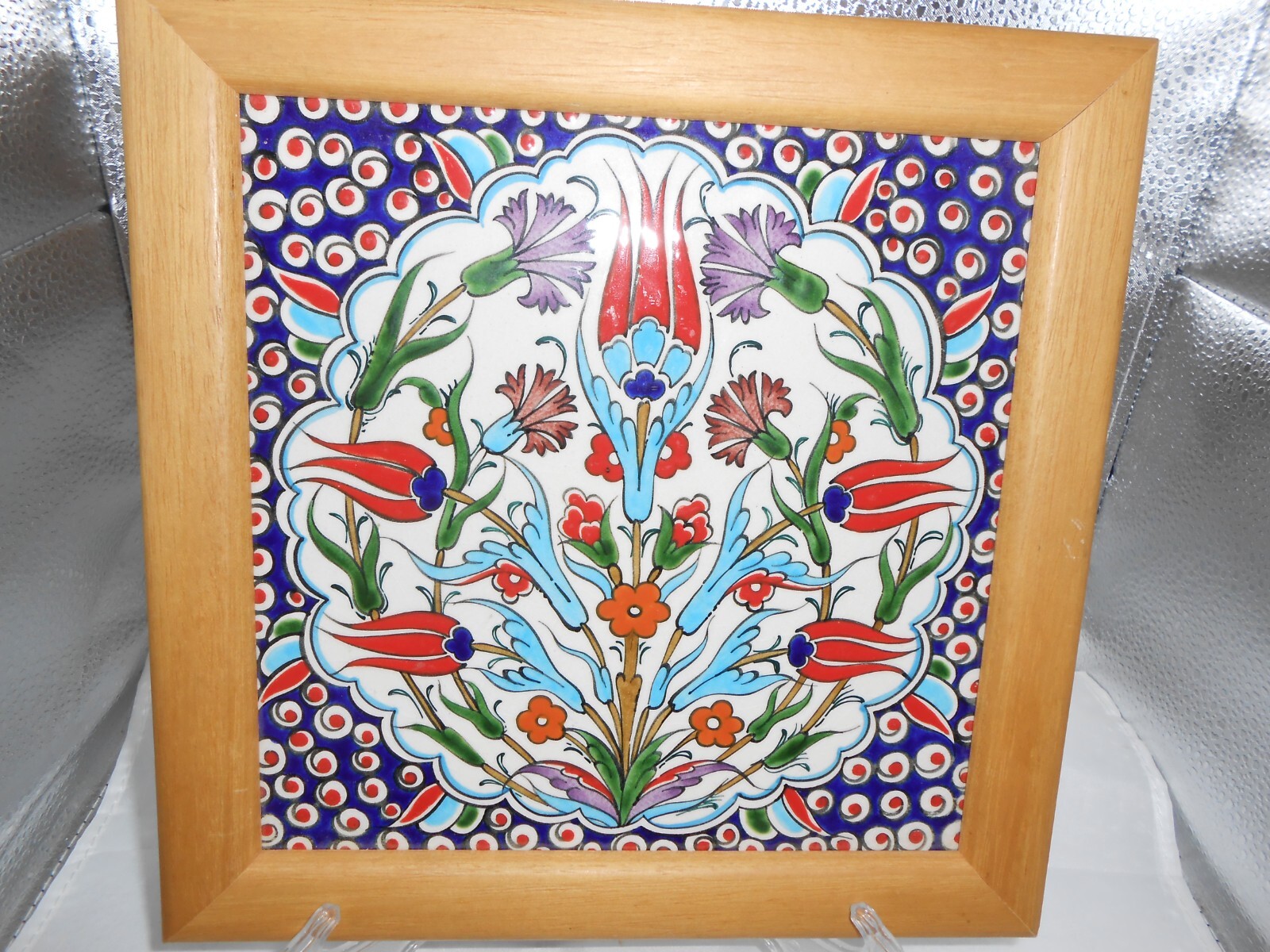 Turkish Iznik Red Tulip & Light Blue Floral Pattern Ceramic Tile 7 1/2 x 7 1/2