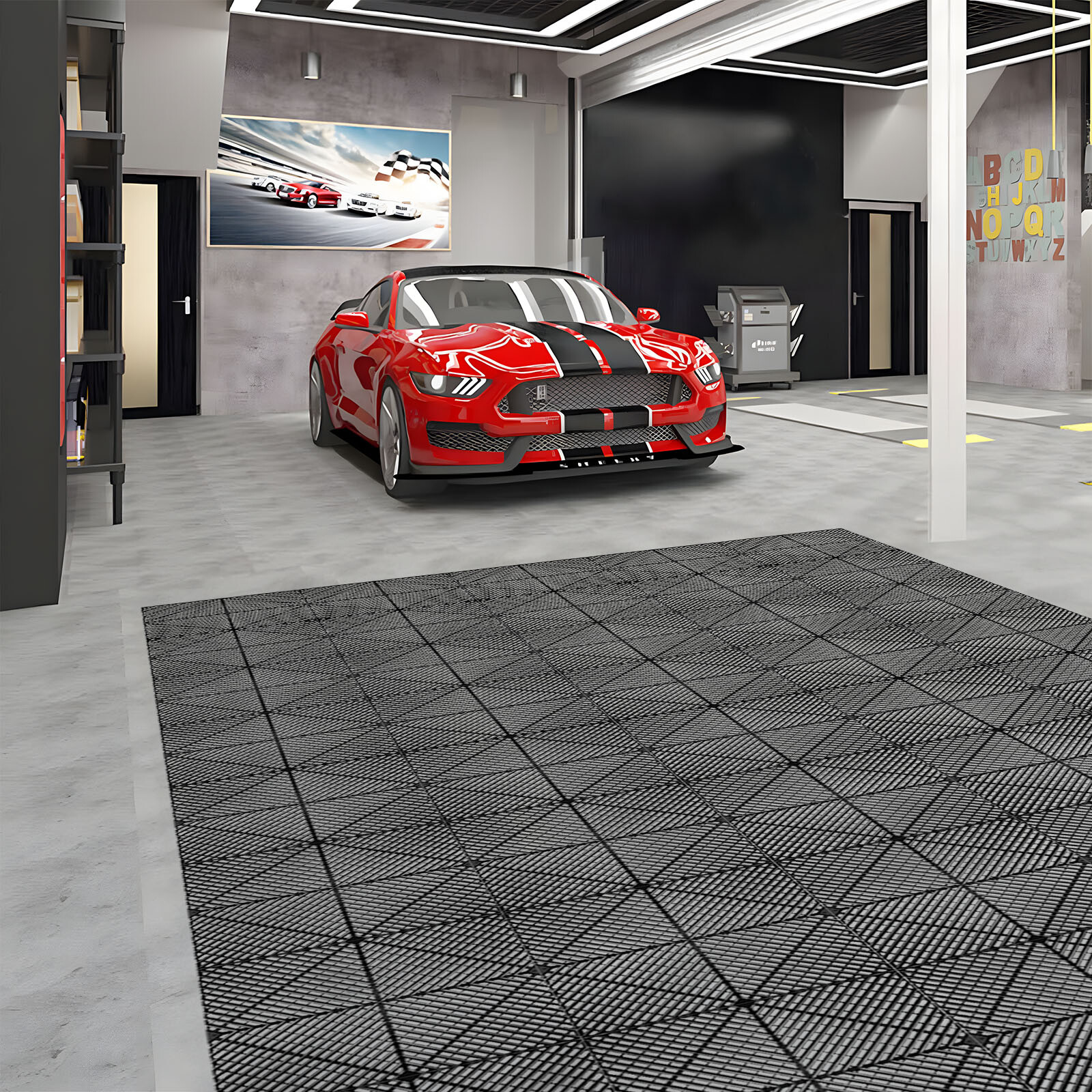 43ft² Interlocking Drainage 0.71″ Thick 16×16 in Modular Garage Flooring Mats
