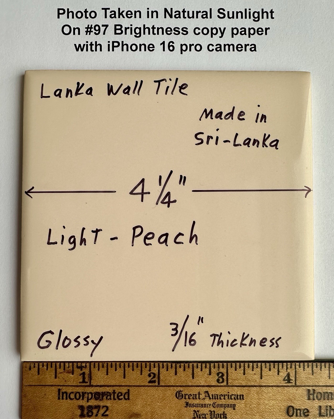 1 pc. Light Peach Color: Glossy Ceramic Tile, 4-1/4″ X 3/16″ thickness, New