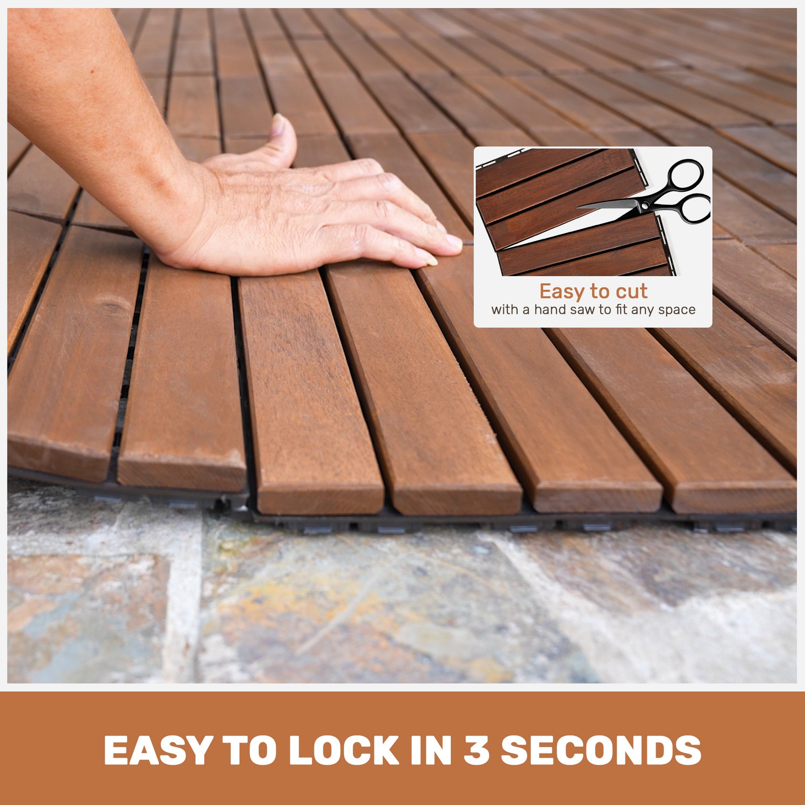10 Pcs 12″ x 12″ Acacia Hardwood Interlocking Deck Tiles, Striped Pattern