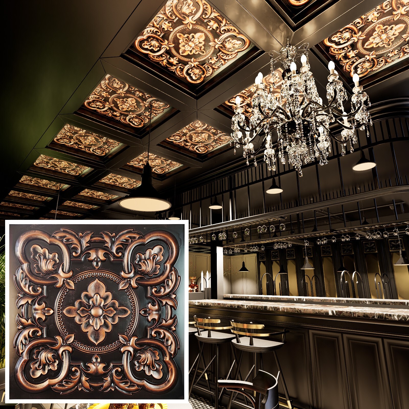 PVC Ceiling Tile 3D Embossed Wall Panel PL30 Traditional copper 10pc PAINTSDECOR